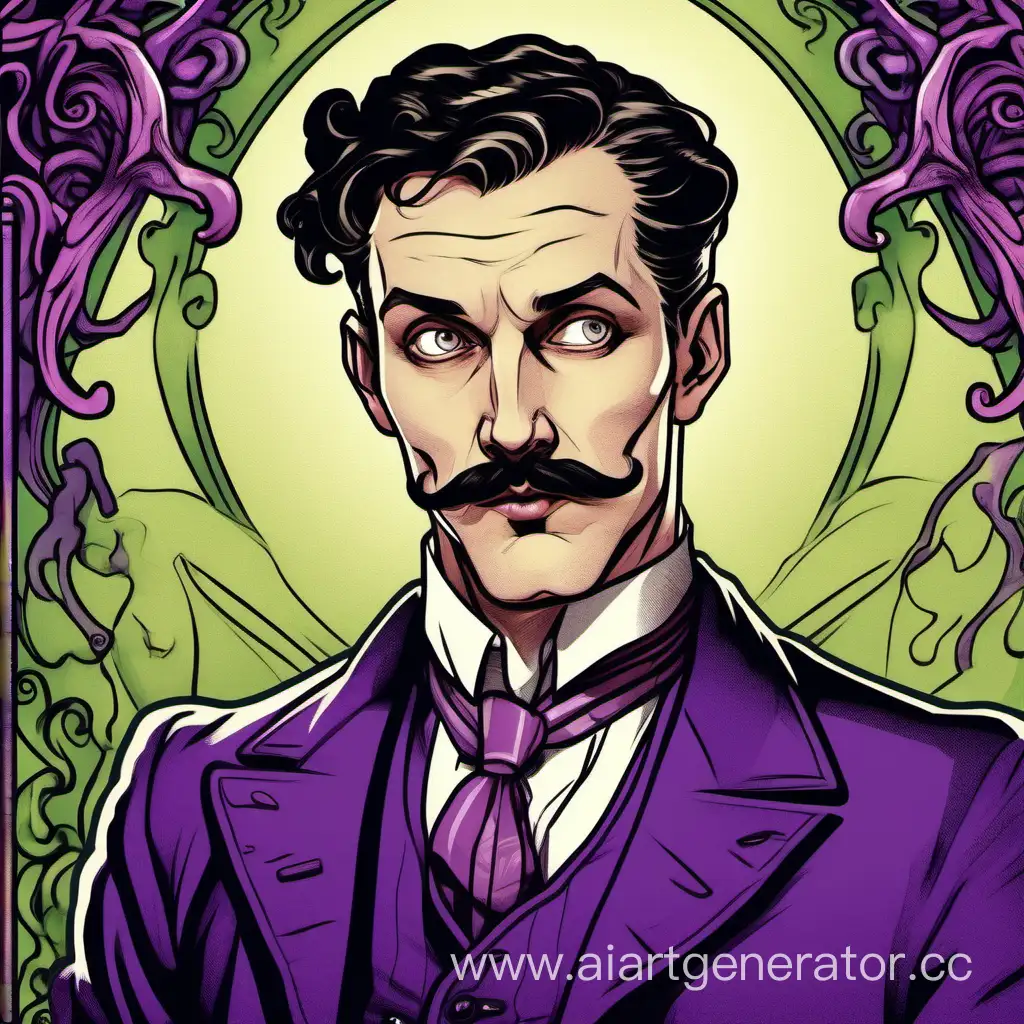 full-length portrait: a thirty-year-old affluent whiteskin englishman with short black hair and black eyes, with small mustache and small goaty beard. Sad eyes, wicked man, smiles maliciously, pretty face, handsome. Dressed in 1930s fashion
Call of cthulhu setting, purple colours