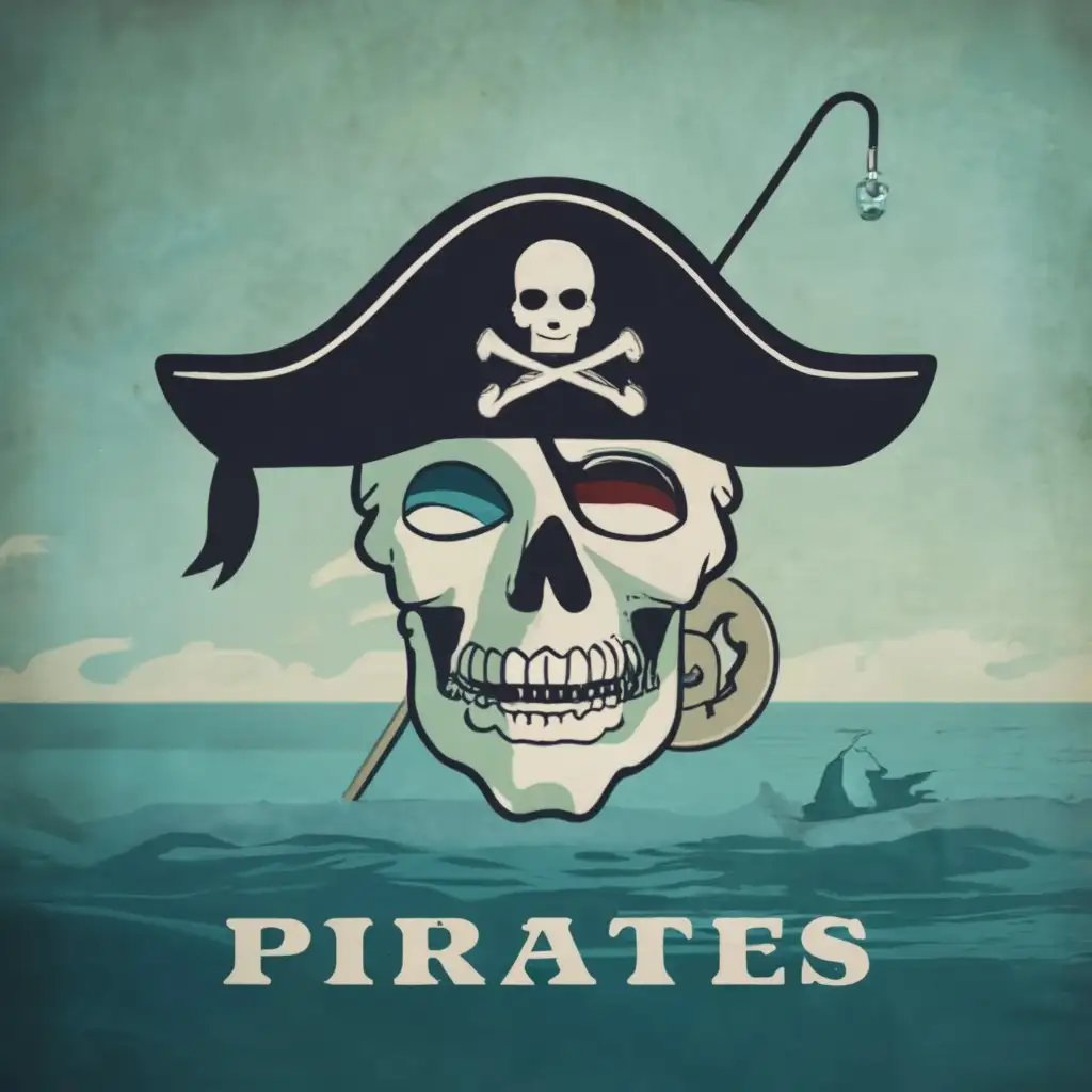 logo, ship with man in sea, with the text "pirates", typography