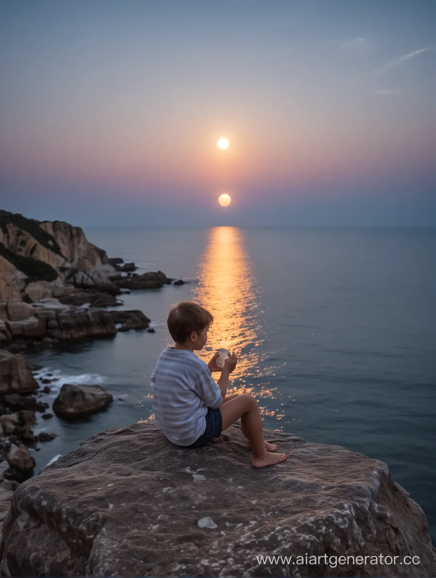 Child-on-Rocky-Seashore-Gazing-at-Illuminated-Moon