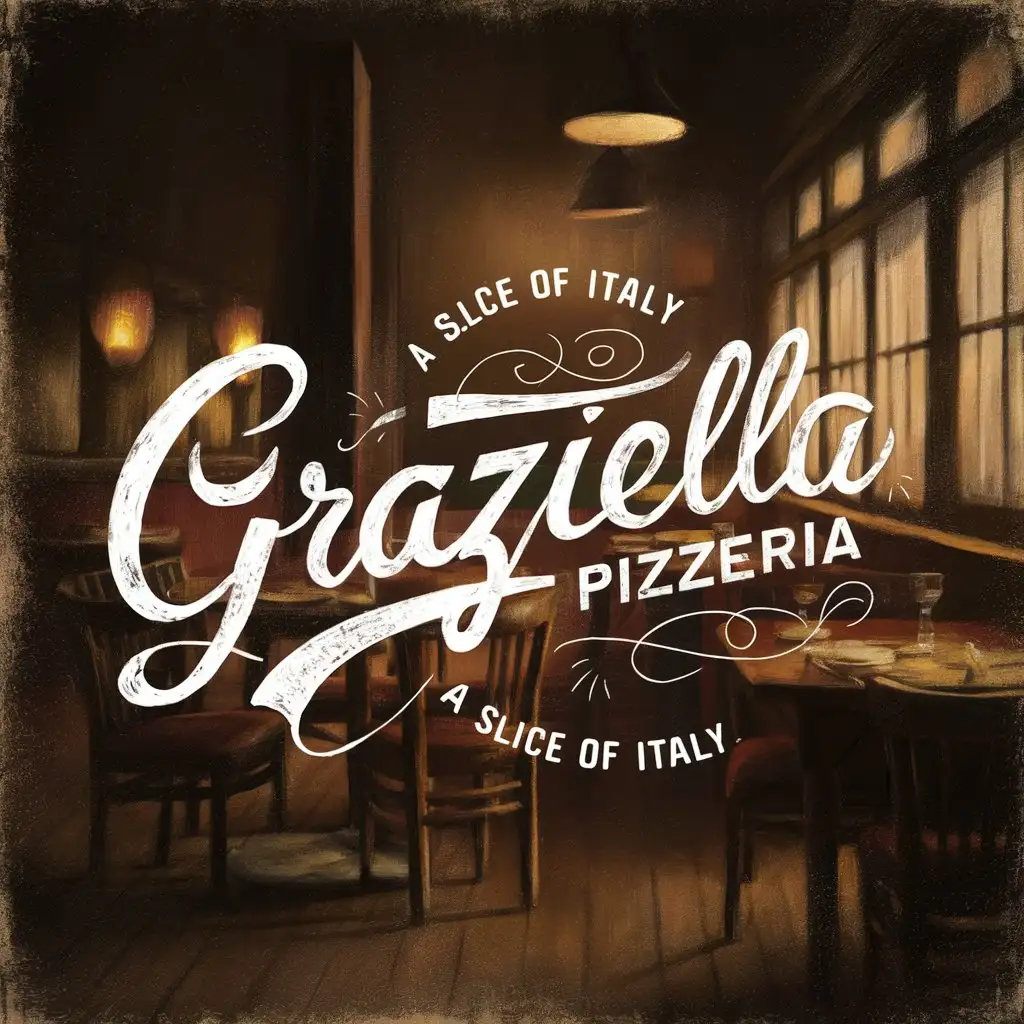 Handwriting Graziella Pizzeria logo with Italian colors, Quote Slice of Italy, Night cozy restaurant atmosphere, faded light.