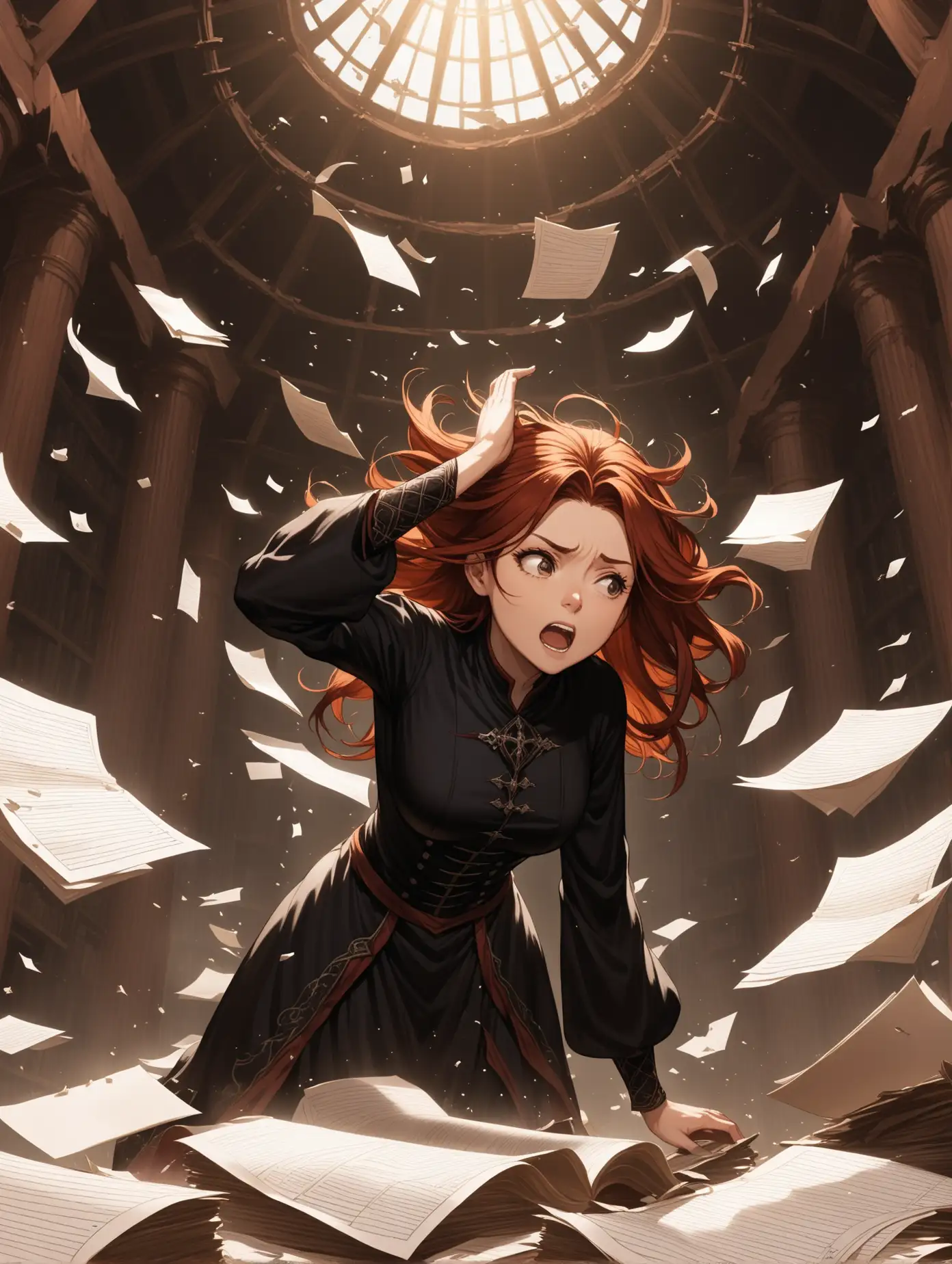 A  stack of papers 4 miles high looms in the ancient study of the forlorn master arcanist. Small black demons jump around causing a mess. She tosses her head back I'm exasperation, sending her auburn hair into disarray 