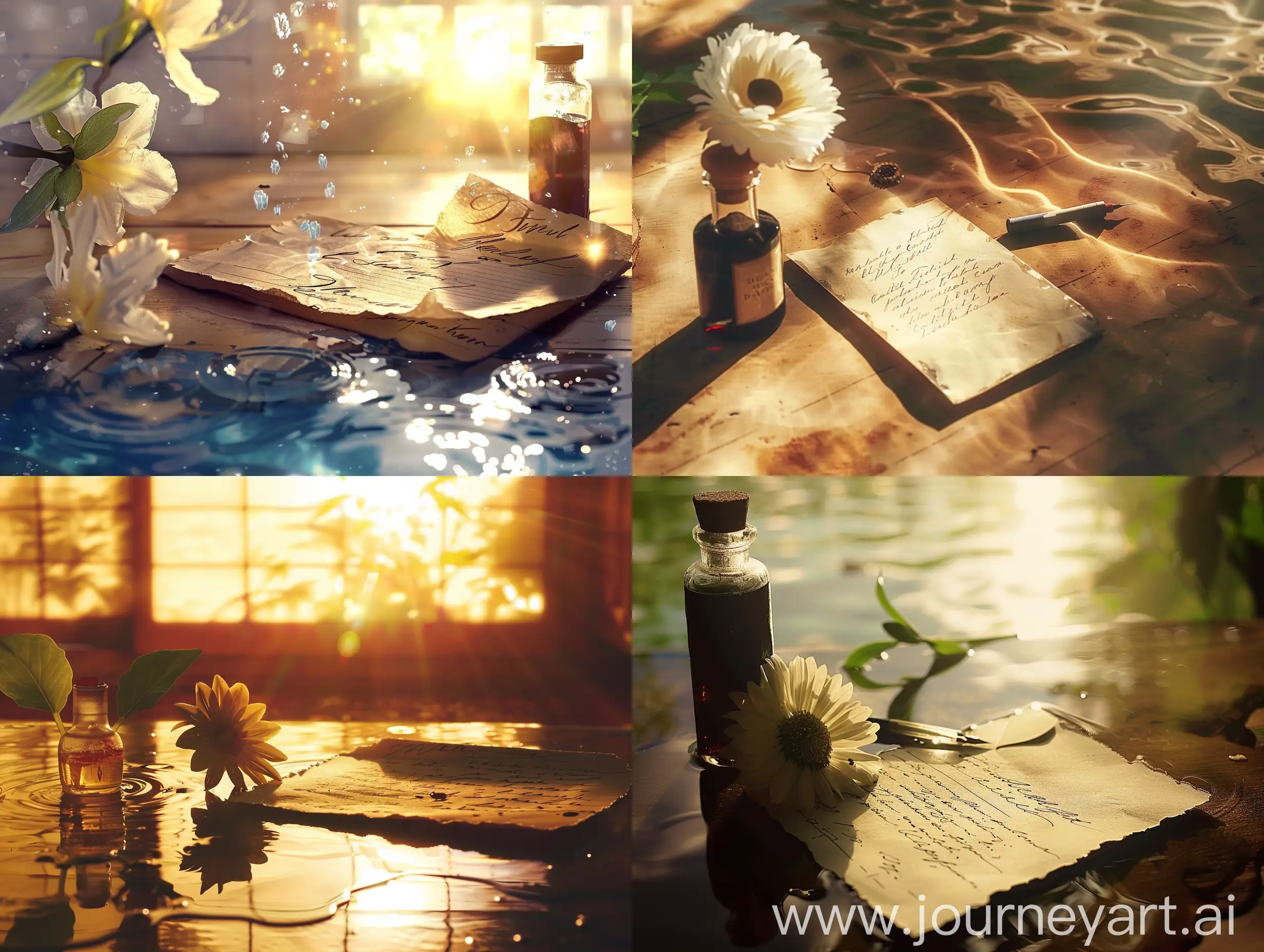 Vintage-Letter-on-Sunlit-Table-with-Floral-Ink-Art-Water-Anime-Style