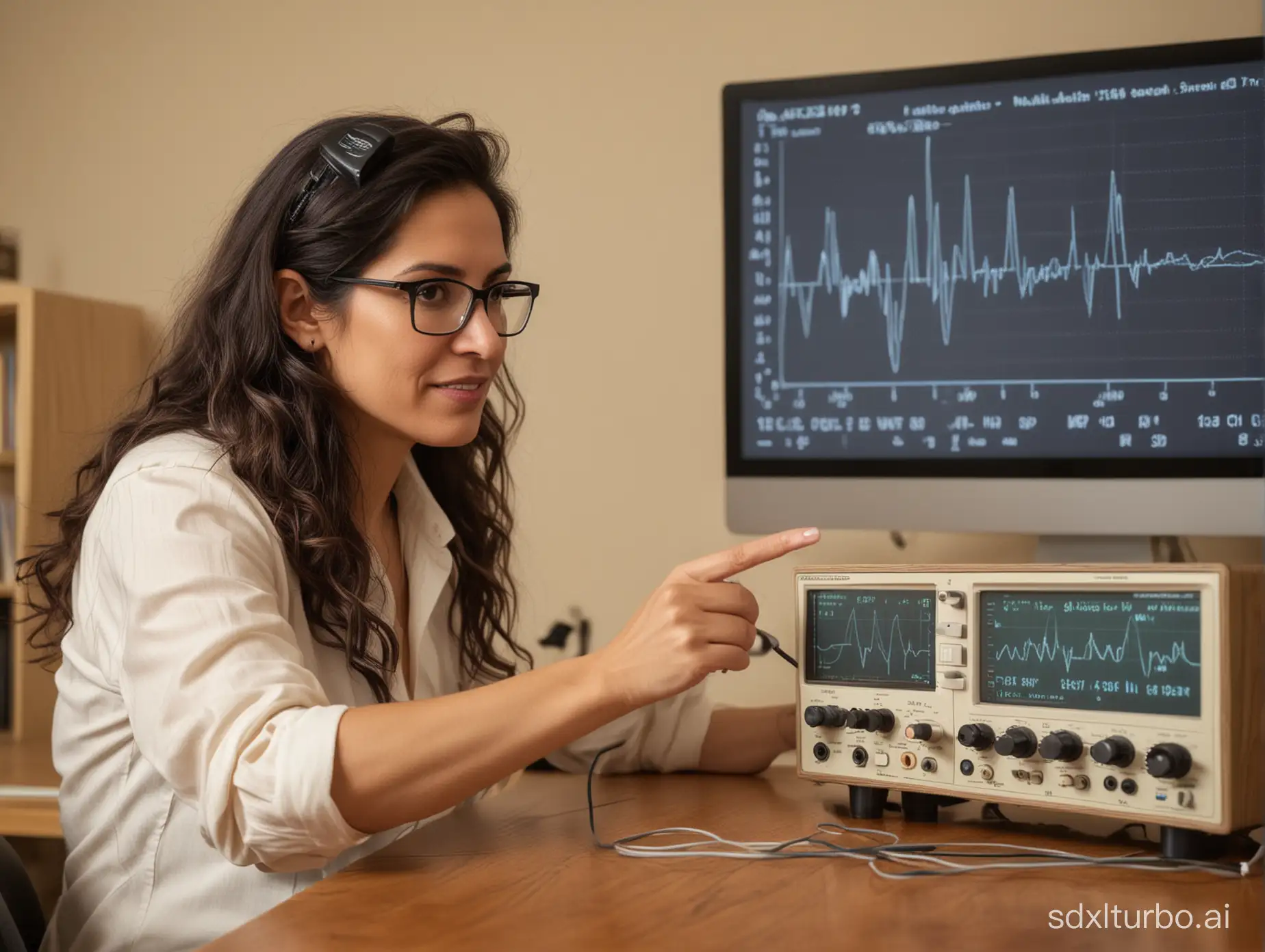 latina female mathematics professor holds up an oscilloscope showing AC current sine wave on the screen. Soft focus. Wire leads to a microphone. Earthy color in wood panel office, a variety of musical instruments in the background
