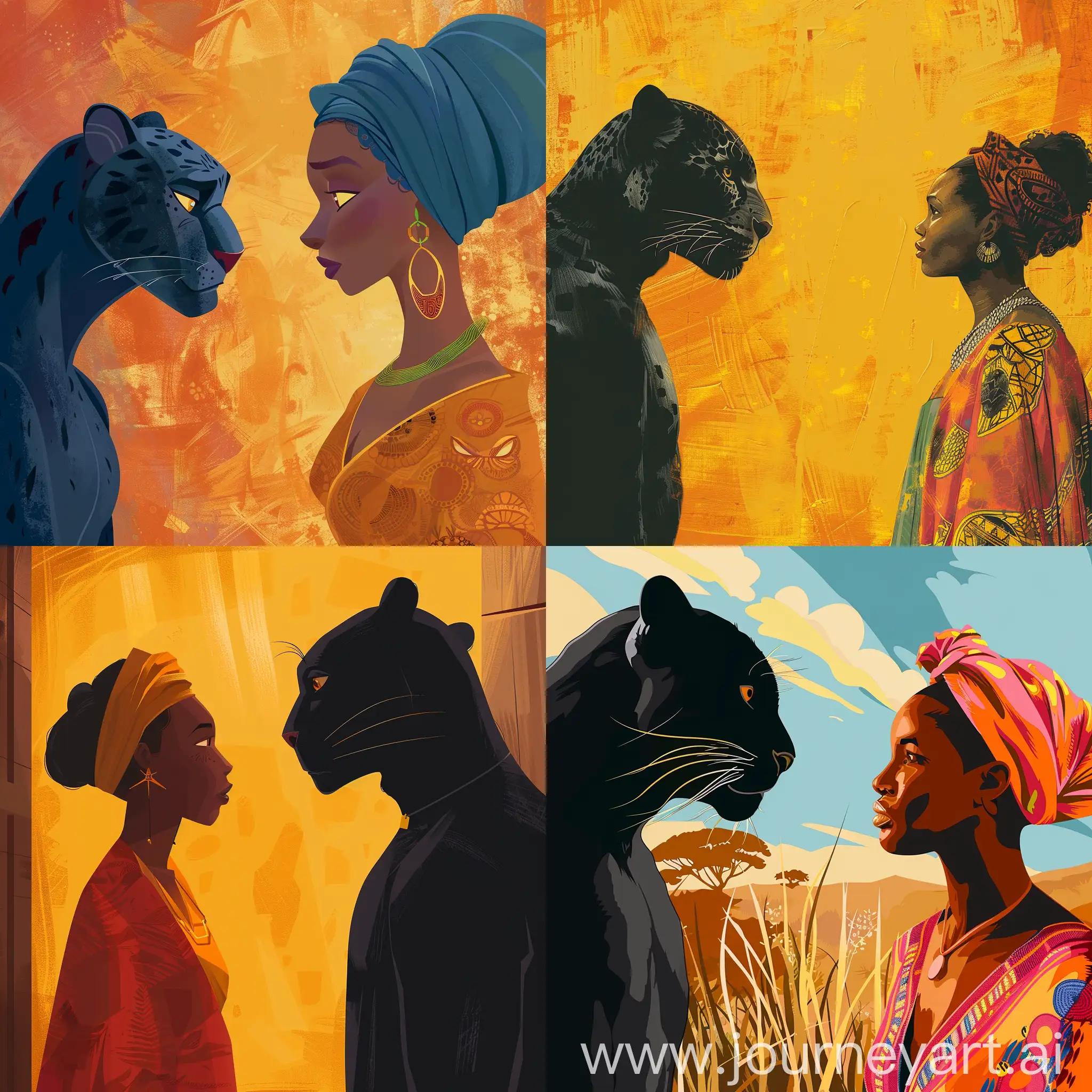 illustration of a black Panther looking with passion at an African woman, painting style, in flat style