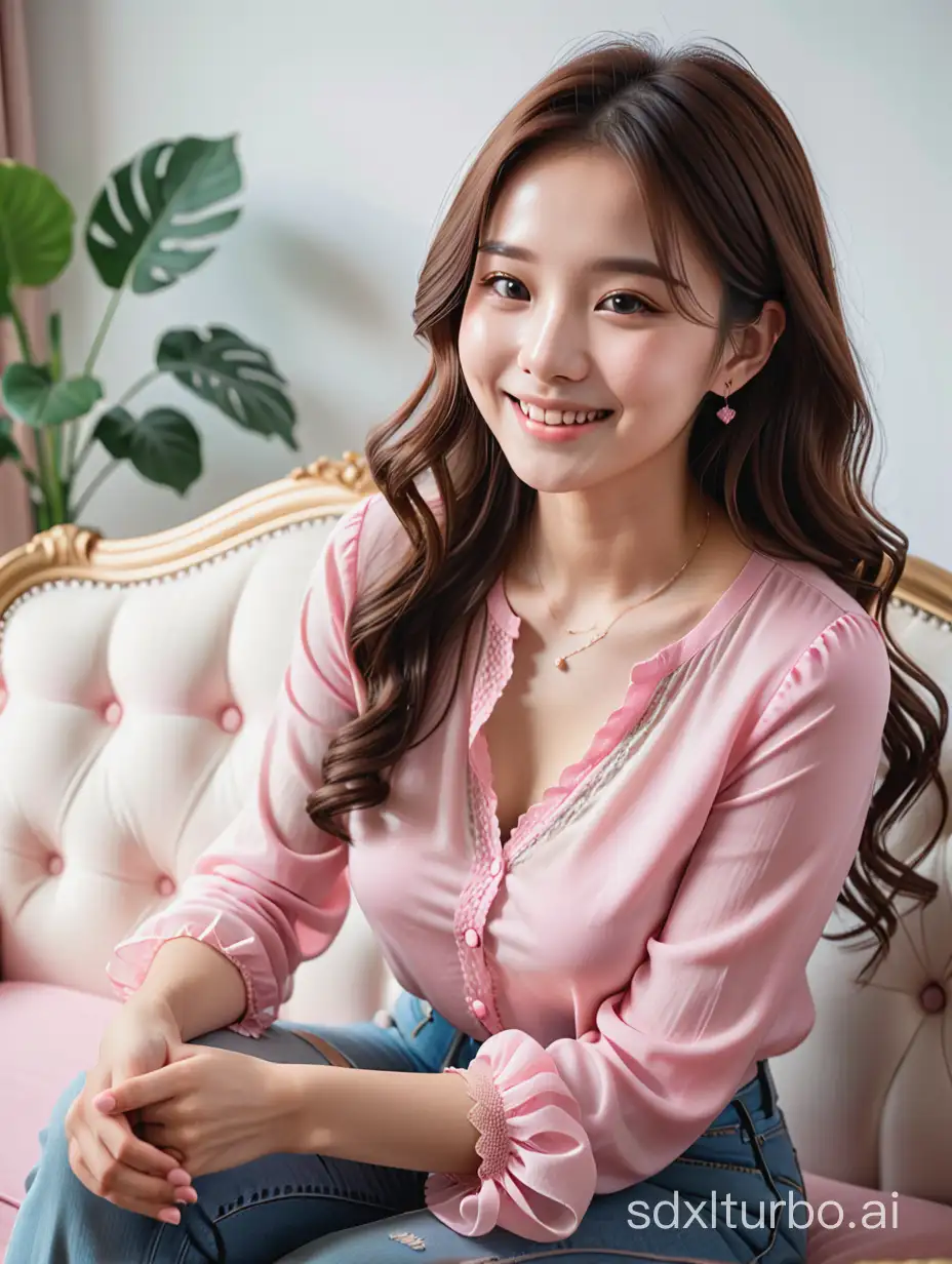 A smiling woman in her 20s sits on a white rococo-style sofa, looking at her hands in delight. She is wearing jeans and a pink blouse.  웃고있는 20대 여성이 흰색 로코코스타일의 소파에 앉아 자신의 손을 보면서 기뻐하는 모습. 그 여성은 청바지와 핑크색 블라우스를 입고 있다.