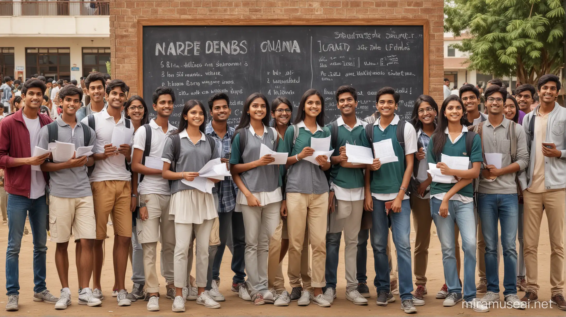 Generate an image showing a group of indian students, standing in front of a school or college. The notice board in background is filled with exam schedules, club activities, and announcements, highlighting the vibrant student life in India, hyper detailed, hyper realistic portraits