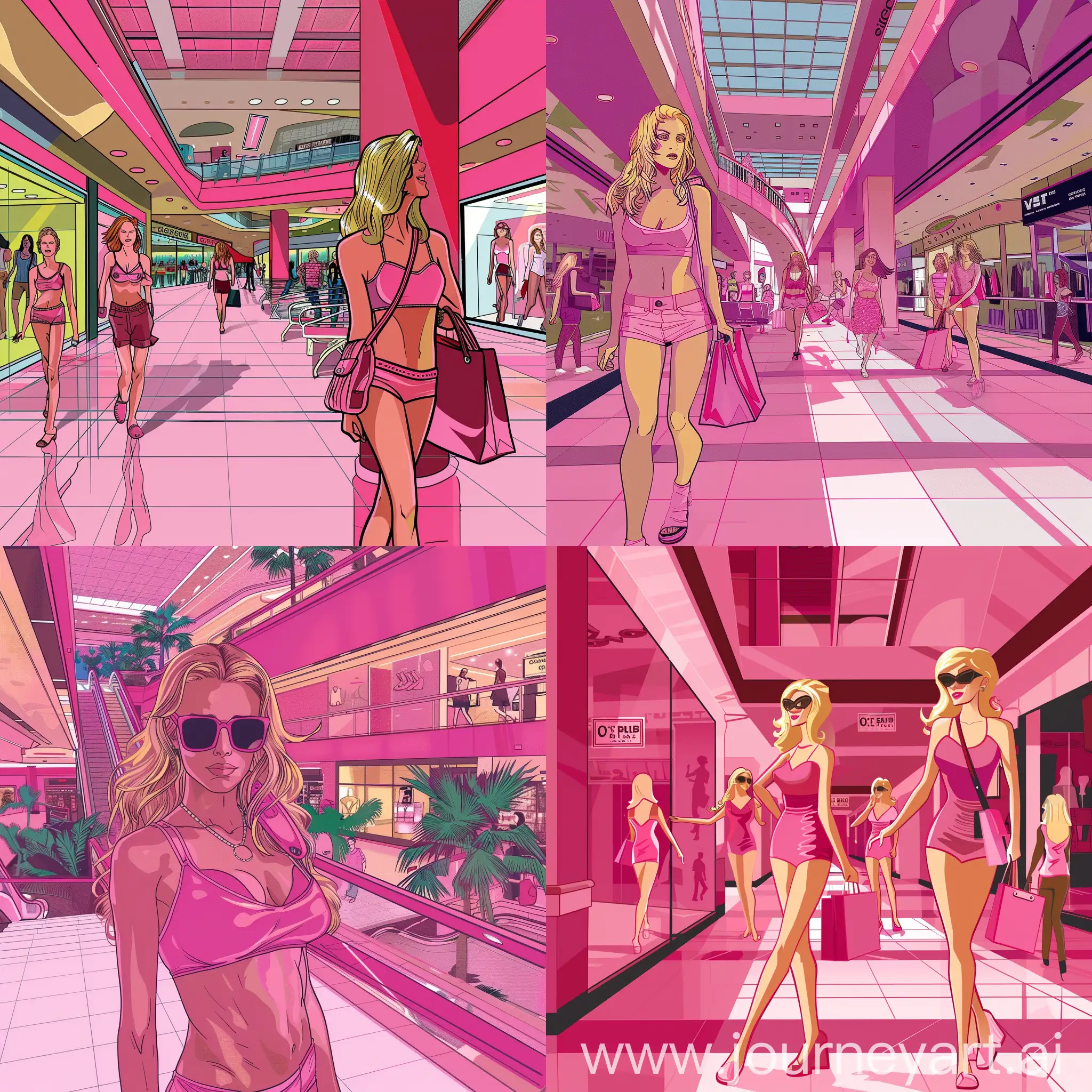 Hot pink mall setting with hot blonde shoppers comic style