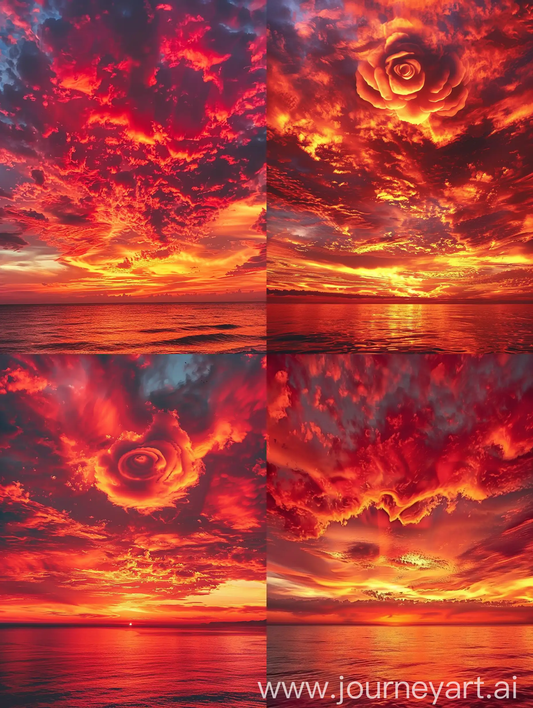  {"prompt":"A sunset sky with vibrant shades of red and orange, where the clouds are forming the shape of a rose. There is a serene ocean below reflecting the fiery colors of the sky. The overall ambiance is dramatic and serene, with the colors creating a sense of warmth and tranquility. The sky is filled with various shades of reds, from deep crimson to bright scarlet, and the ocean carries hints of these colors in its reflection.","size":"1024x1024"}
