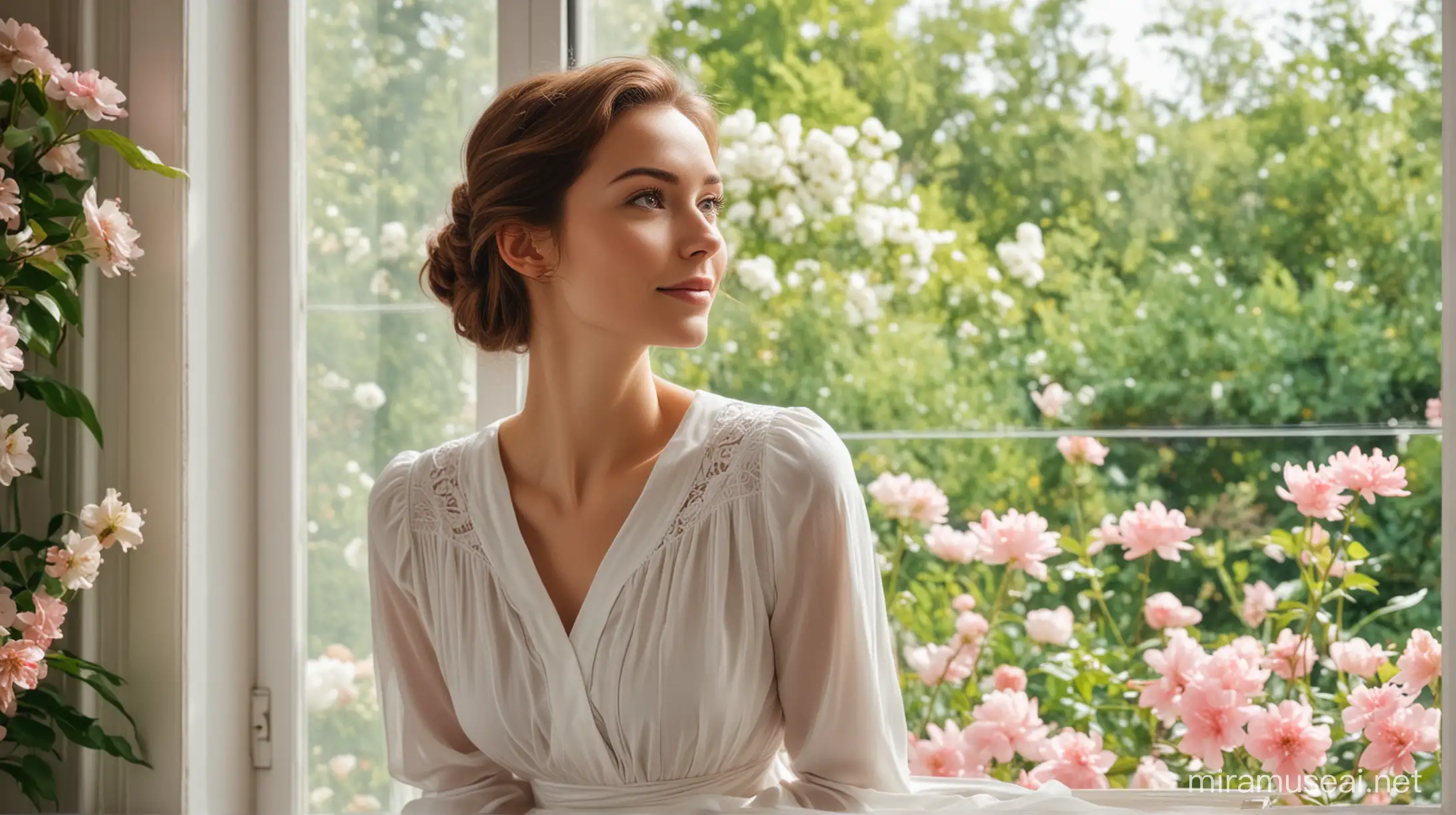 "нарисуй счастливую женщину и немного задумчивую в белом скромном платье, смотрящую в окно, выходящее в красивый цветущий сад"