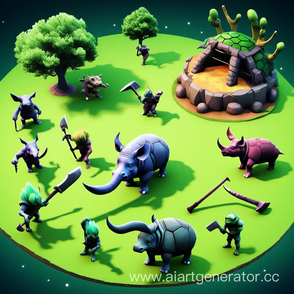 Mojo planet разные персонажи, носорог с топором, деревце с зелёными волосами, черепаха с посохом,  сражения 1 на 1 арена