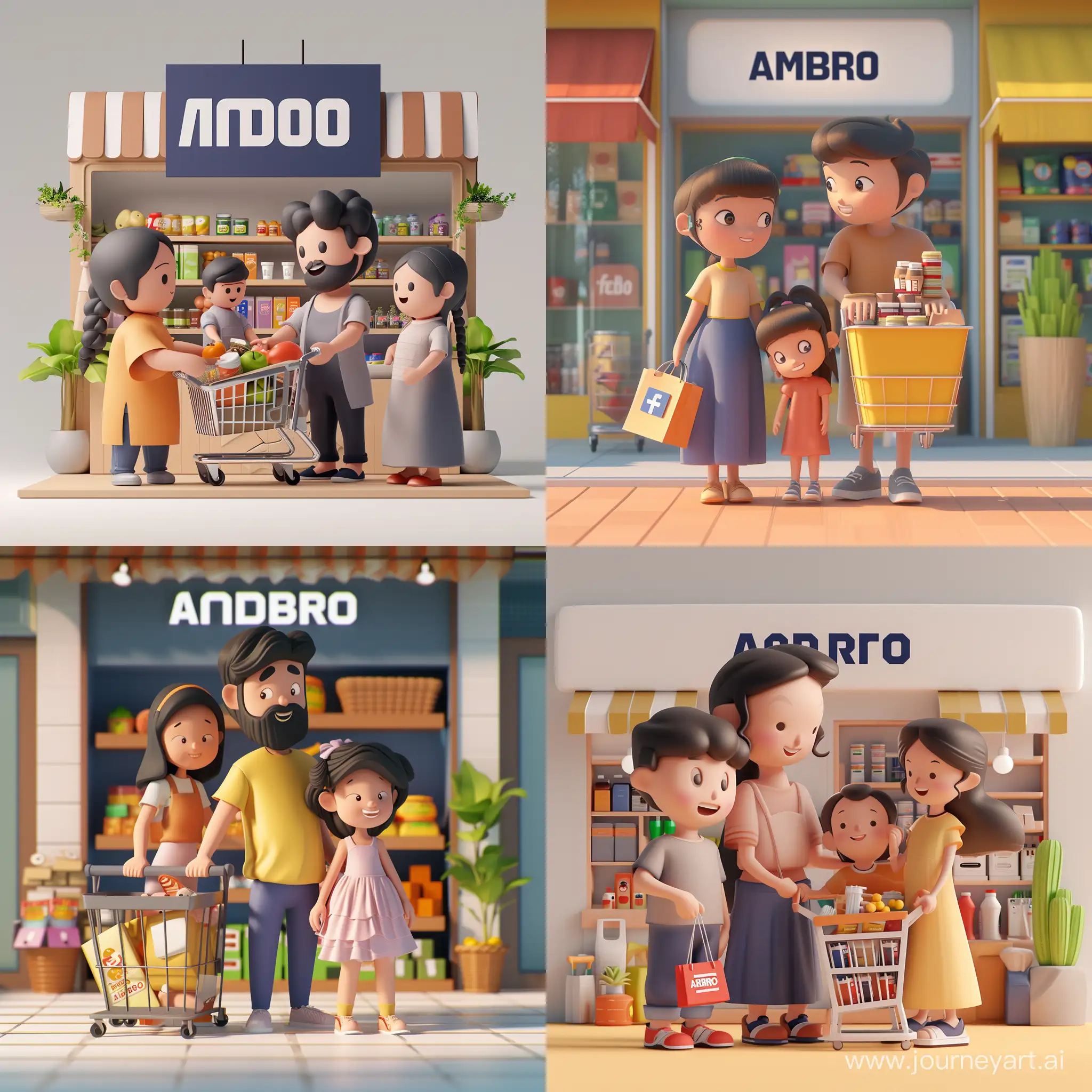 "Create a 3D illustration of an animated character of a family buying in store. The character must wear modern  clothes. The background of the character is mockup of store front with a store name "AMBRO".
البرومبت:  realistic  photo of a family buying in store with Facebook logo.

