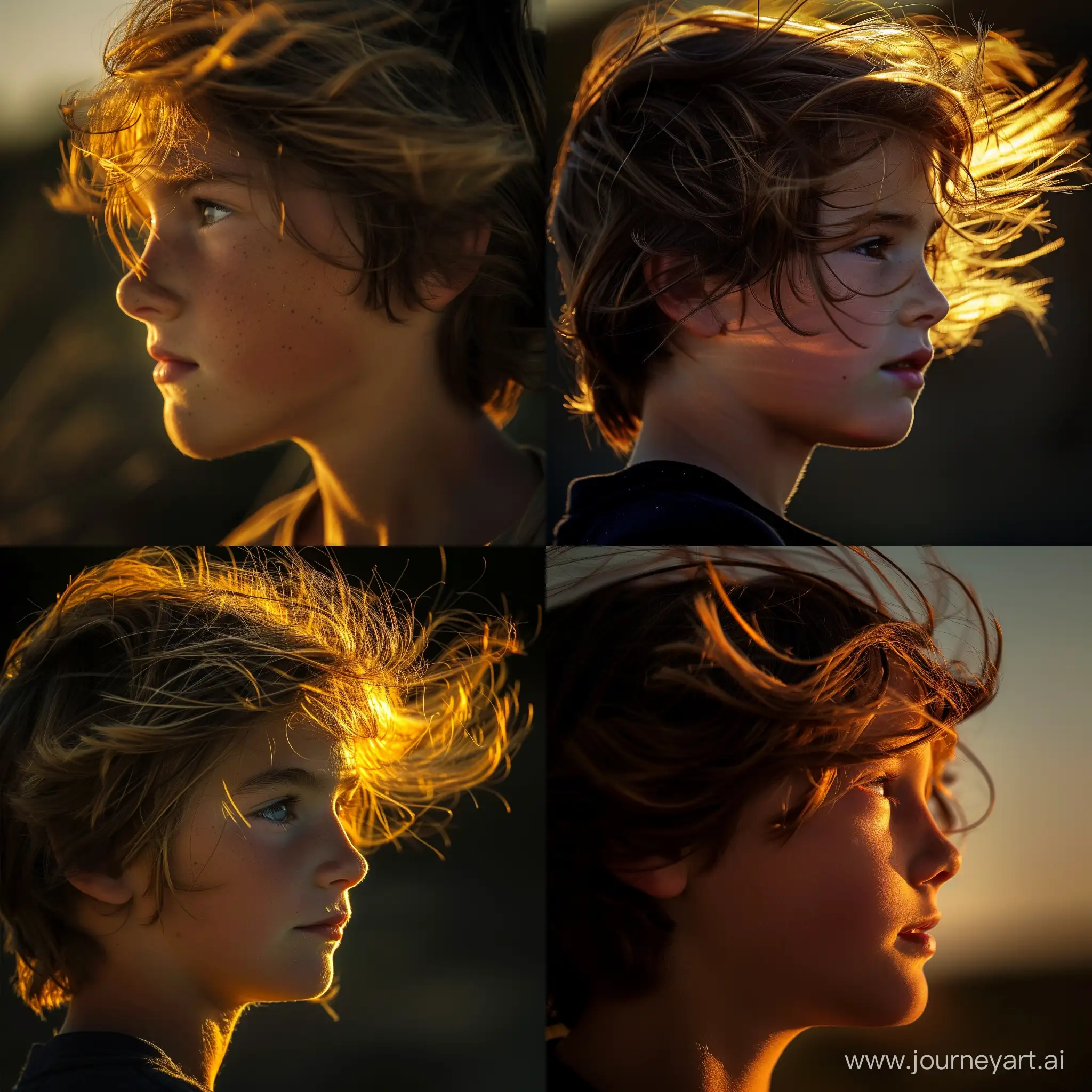 мальчик 11лет в профиль ,портрет,смотрит в даль ,волосы обдувает ветер,освещенные солнцем, ветер в лицо