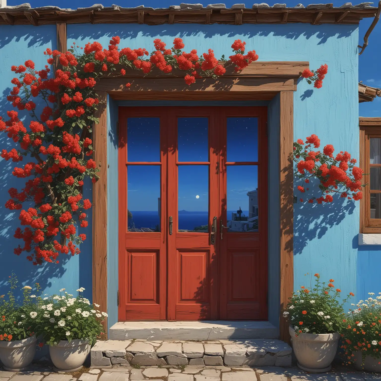 Red Wood Door and Window with GreekStyle Blue House under a Starry Night