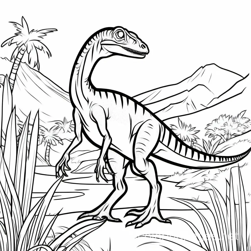Coelophysis dinosaur, prehistoric background line drawn black and white, Coloring Page, black and white, line art, white background, Simplicity, Ample White Space. The background of the coloring page is plain white to make it easy for young children to color within the lines. The outlines of all the subjects are easy to distinguish, making it simple for kids to color without too much difficulty, Coloring Page, black and white, line art, white background, Simplicity, Ample White Space. The background of the coloring page is plain white to make it easy for young children to color within the lines. The outlines of all the subjects are easy to distinguish, making it simple for kids to color without too much difficulty