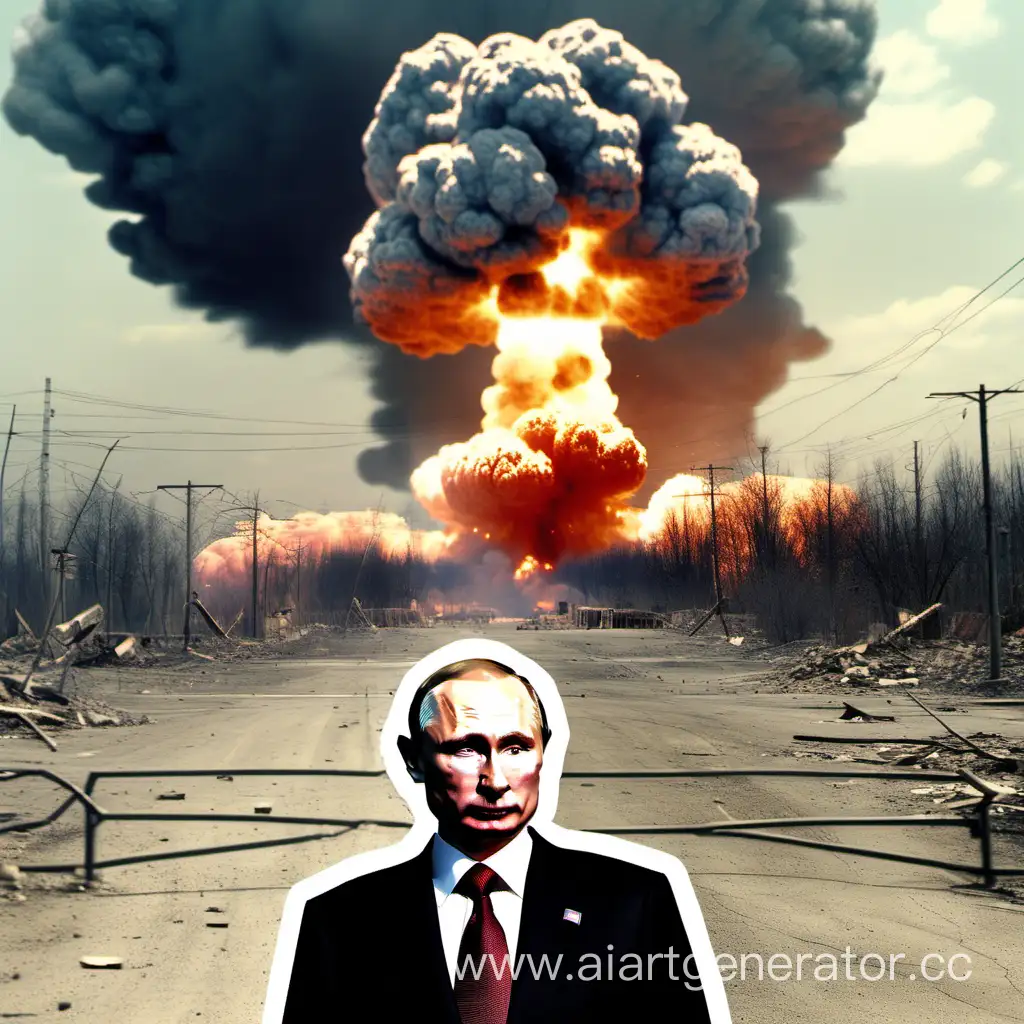 Gere imagem Putin  eexplosão de bomba atômica  ao fundo