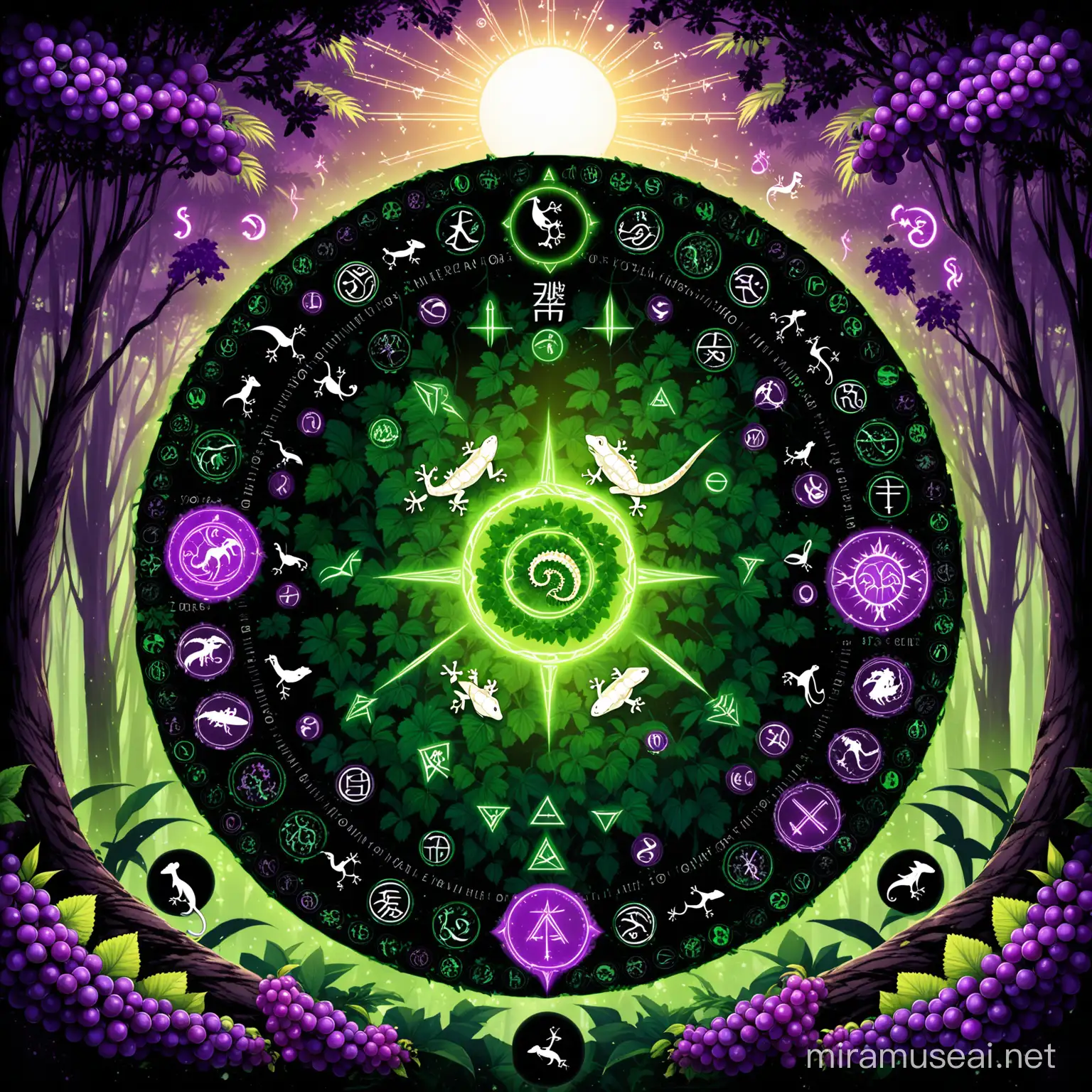 gecko-grape (group)
appreance-noir purple /white/full body/ circle-jungle runes/gecko-body-animal
background-jungle/noirforest/sun/trees/earth-runes