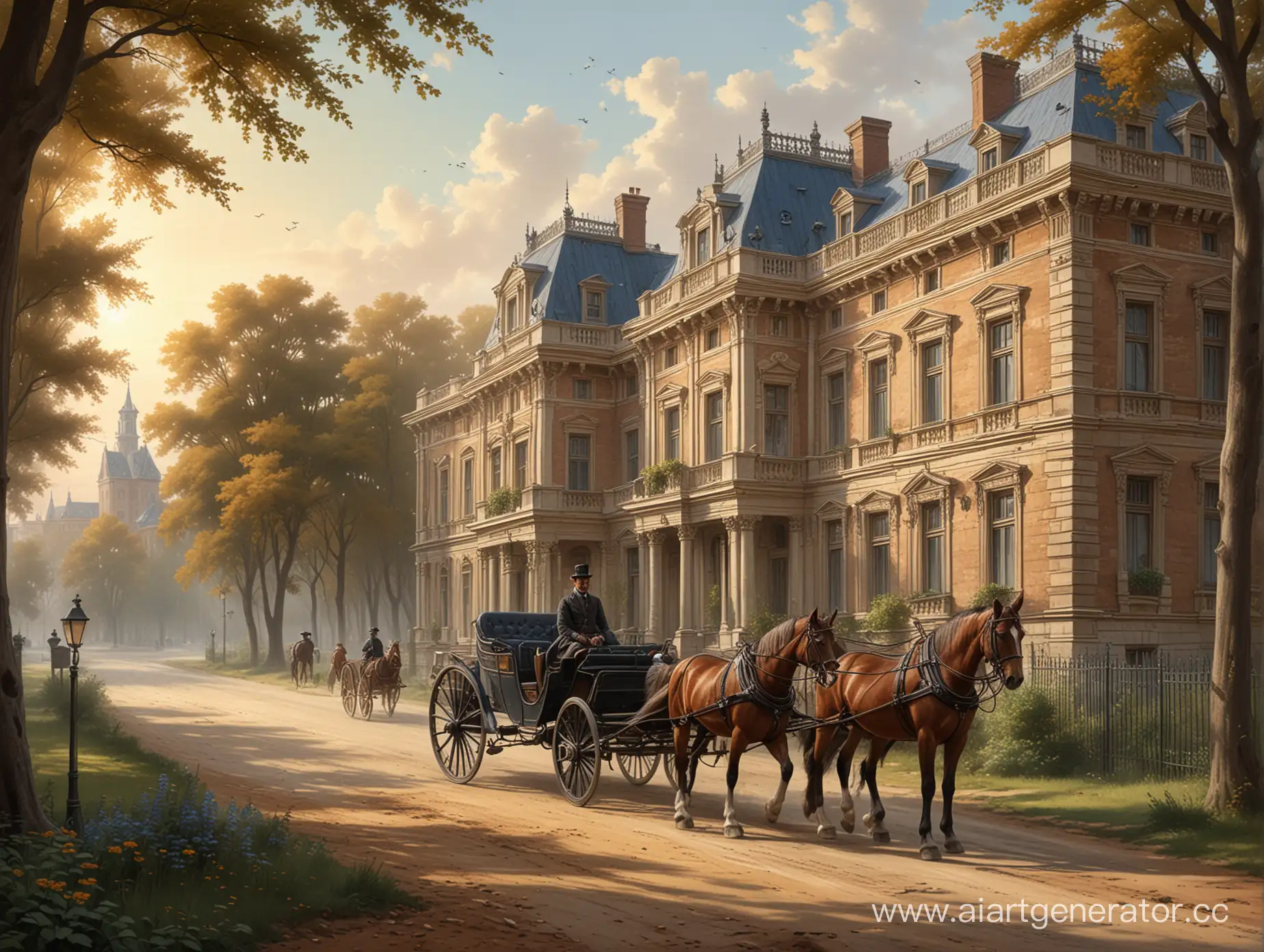 An illustration that conveys the atmosphere of 19th century using elements of such an era. The image should depict a horse harnessed to a carriage, as well as the road it travels along, and a mansion in a luxurious style typical of that time. The horse should be depicted with a harnessed harness, expressing movement along the road. The carriage should be made in a style typical of the 19th century, with decorative elements and ornaments. The road should have relief features reflecting its use and the passage of various vehicles. The mansion should be presented as majestic and luxurious, with the style of architecture typical of Russian estates of the 19th century, such as columns, balconies and towers. The atmosphere of the illustration should be warm and cozy, with shades of dark blue and brown, which are characteristic of this era. Add elements of nature such as trees and bushes to give the image a lively and natural setting. Please provide high quality images with details to highlight the atmosphere and style of the 19th century. The goal is to create an illustration that captures the spirit and aesthetics of this historical era, conveying its beauty and sophistication.