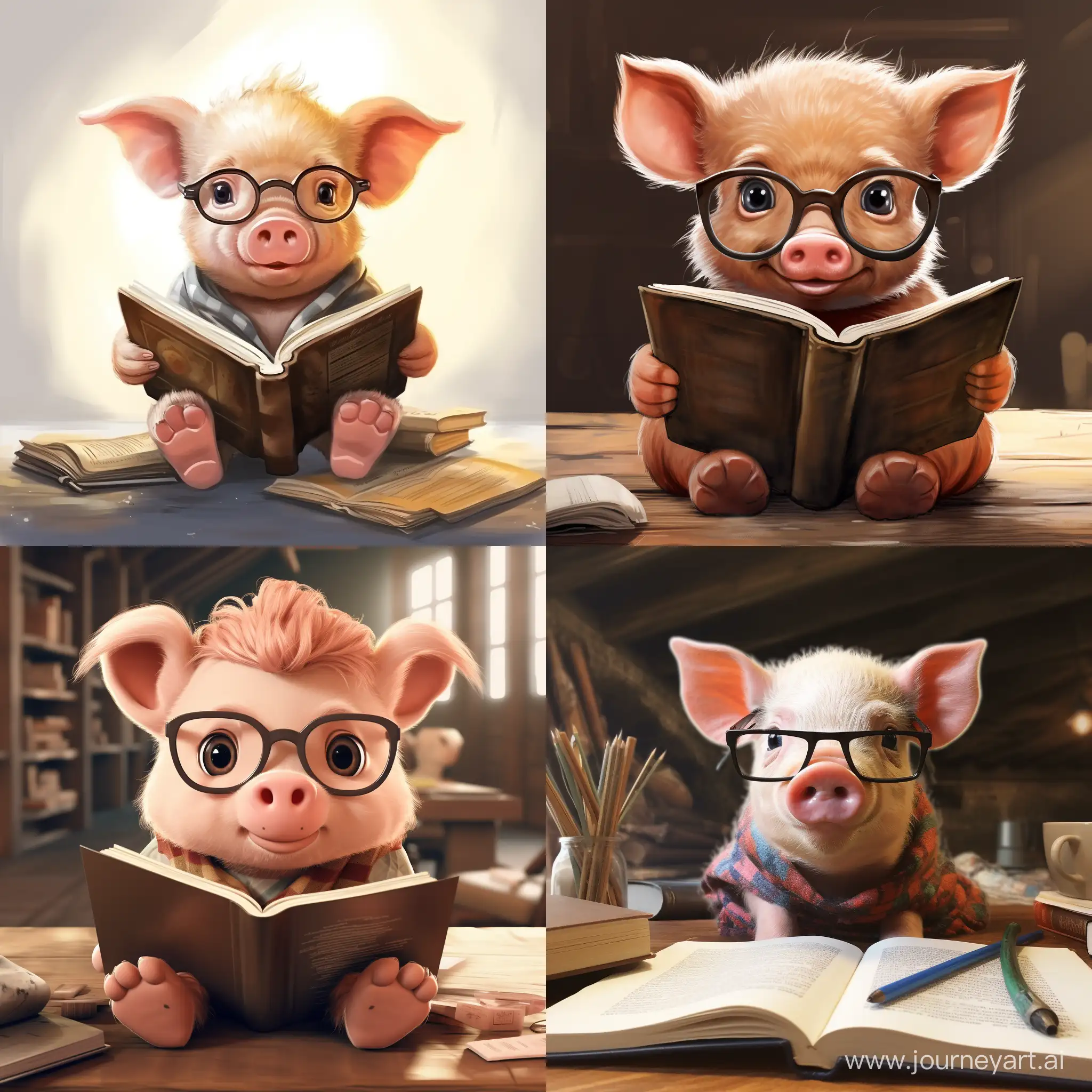 draw a little pig with glasses reading book