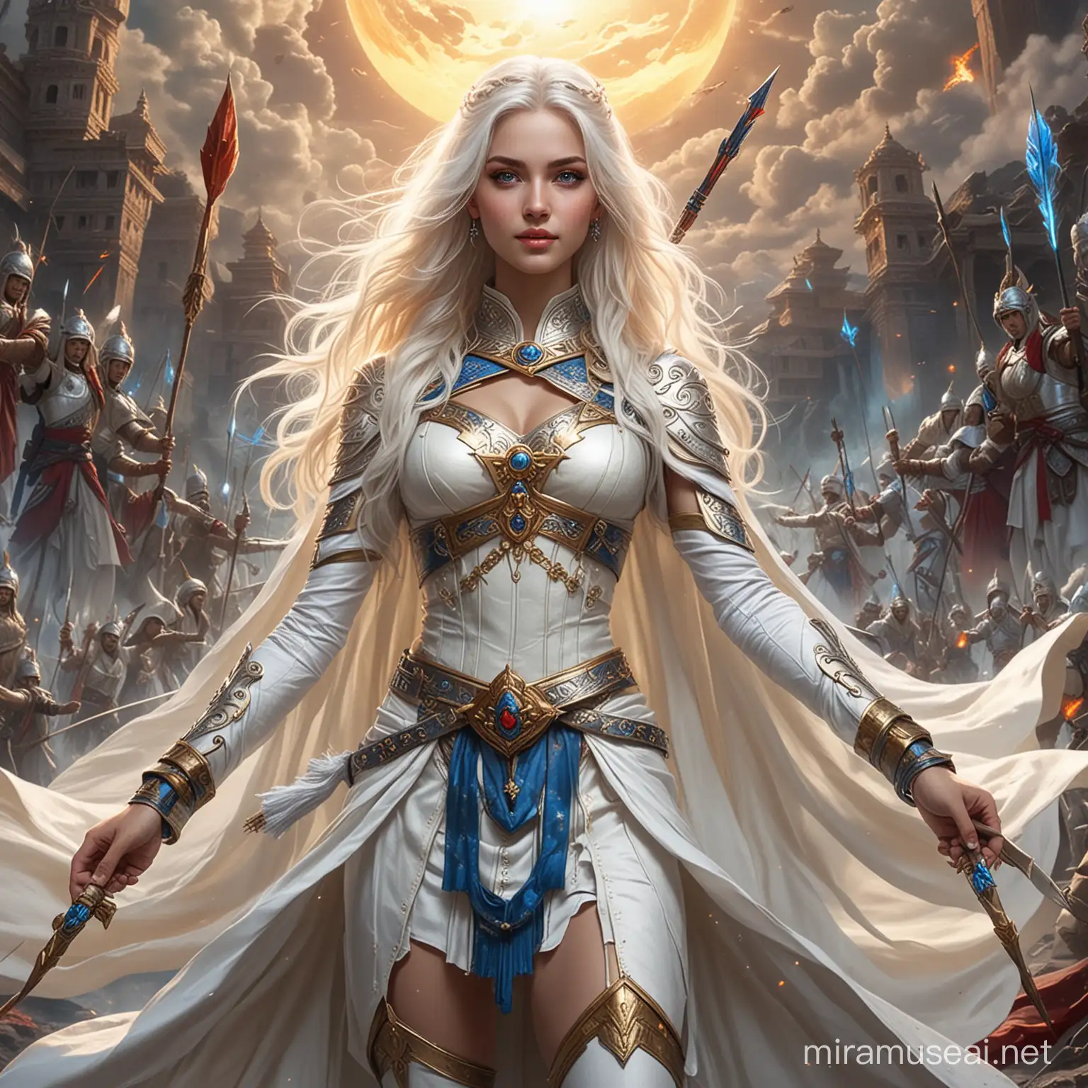 Empress Goddess in Battle WhiteHaired Teen Heroine Amidst Cosmic Energy and Warriors