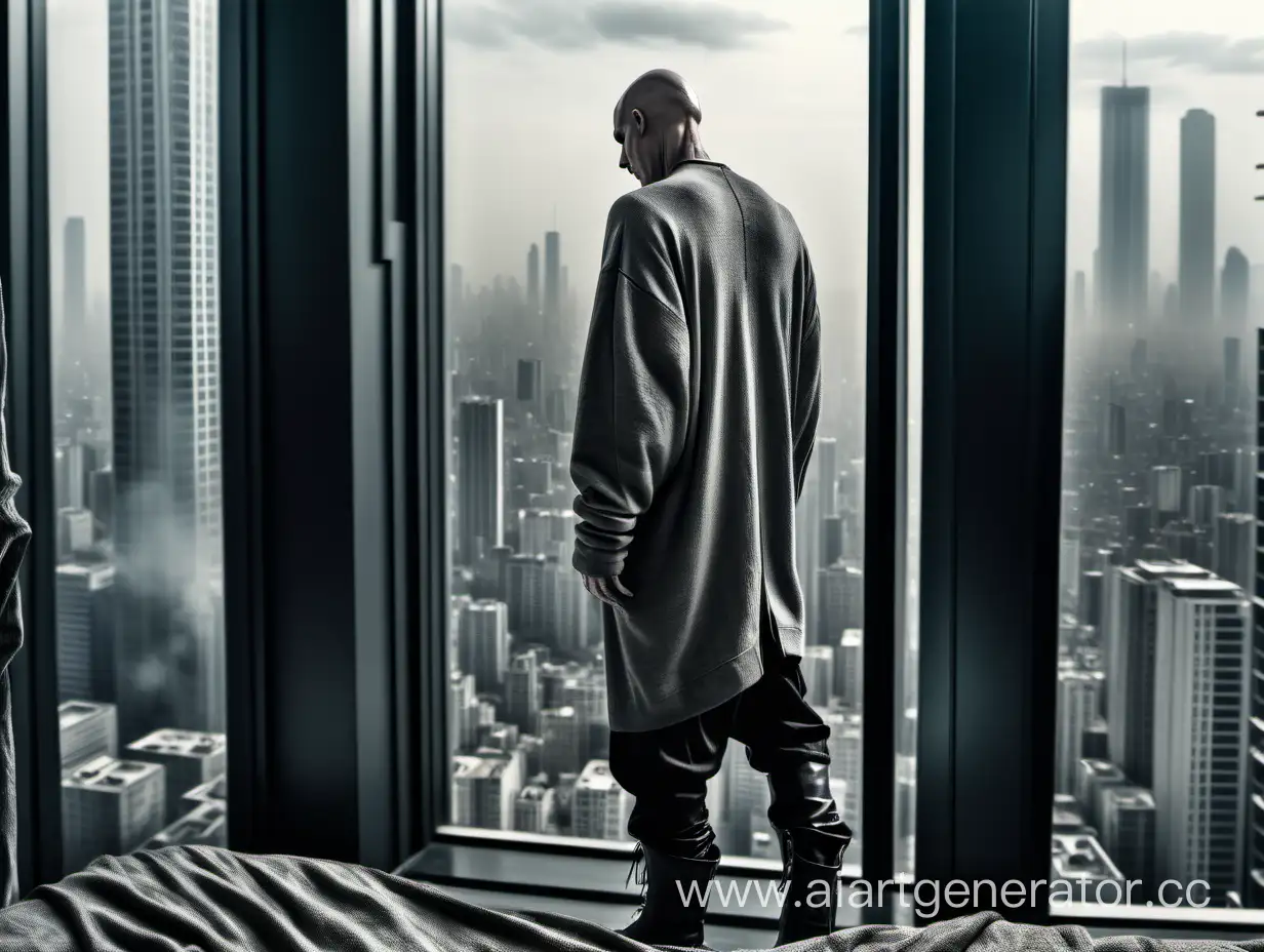 a white bald man wearing a grey cardigan, short pods pants and boots of rick owens, looking from a bedroom of an apartment of a high skyscraper on a city like in blade runner.  show full body. hands n pockets. daytime. very detailed, 4K HQ, depth of field, f/1.2, Leica, 8K HDR, High contrast. Subject: The Human-to-background ratio is visually striking at 1:20