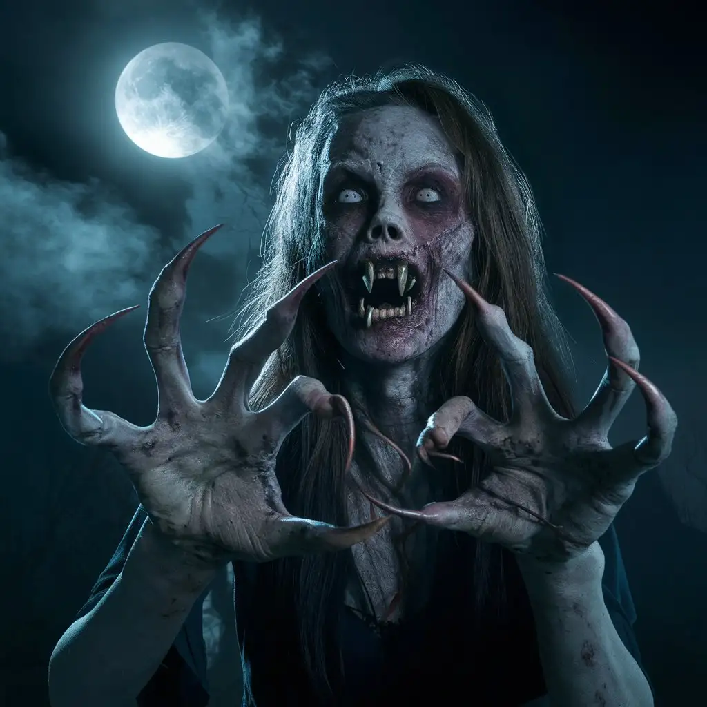 Terrifying Zombie Woman with Pointed Fangs in Sinister Night Scene