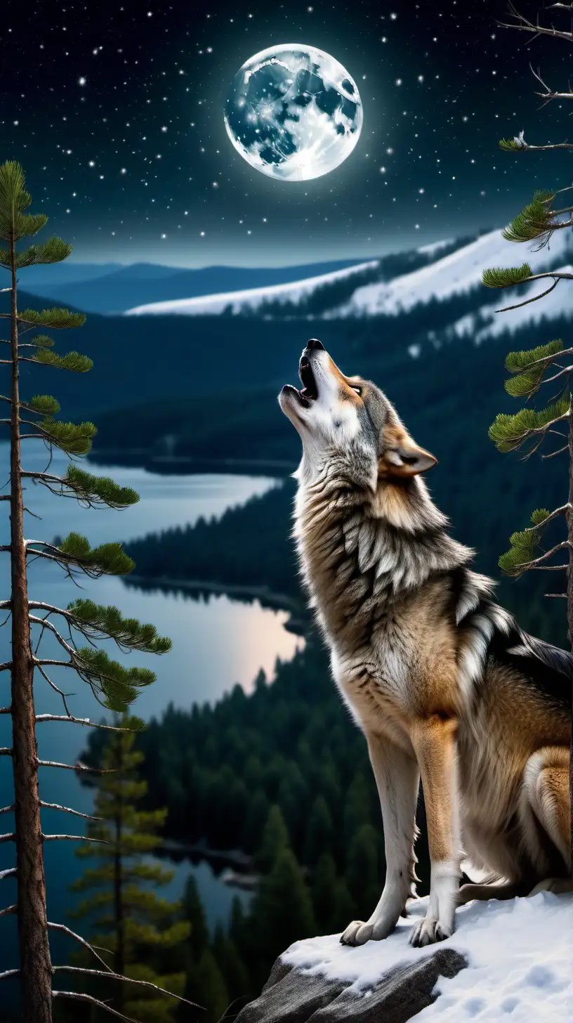 Lone Wolf Howling at Moon on Cliff with Serene Night Sky