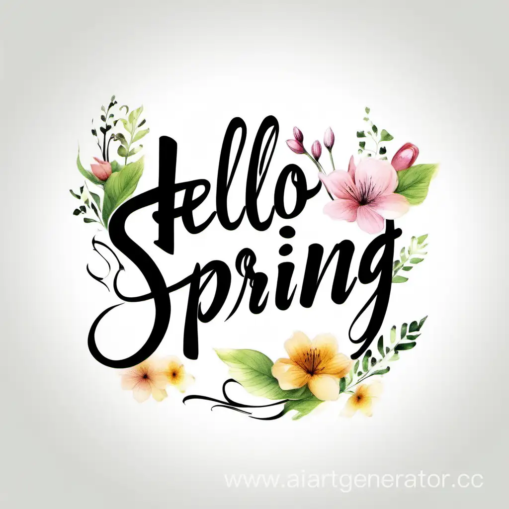 Надпись "Hello Spring" каллиграфический шрифт, черный цвет шрифта, на белом фоне
