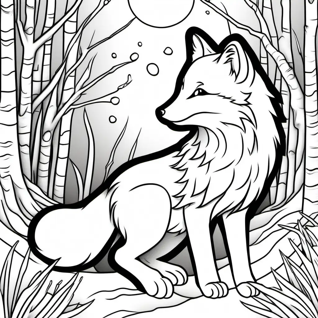 imagine a coloring page of a artic fox 
for kids ages 8 to 12, cartoon style, low details, thick bold lines, hand drawing, no shading -- ar 9:11