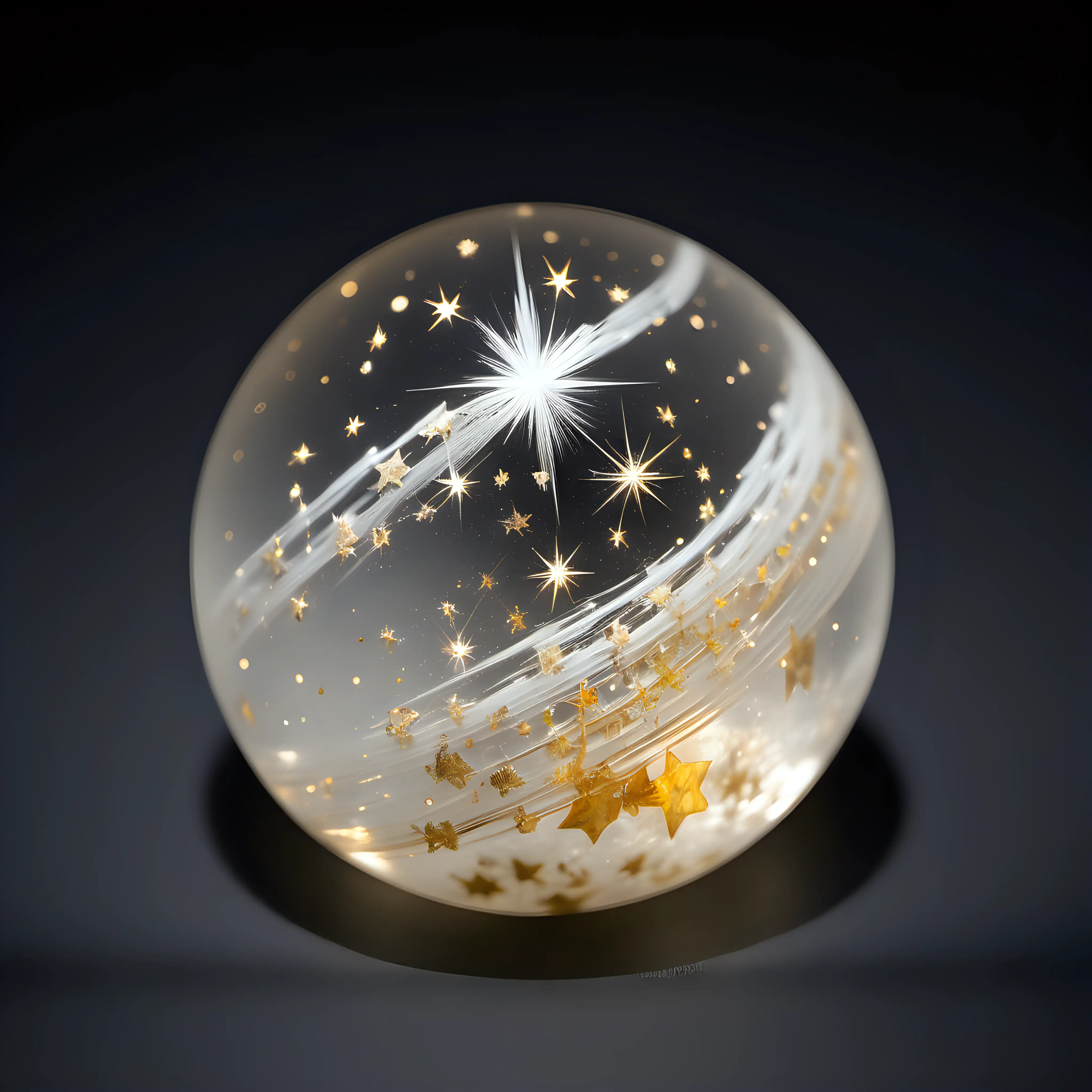 A small, perfectly round, almost transparent golden-white stone with streaks of tiny stars that flicker like snow.