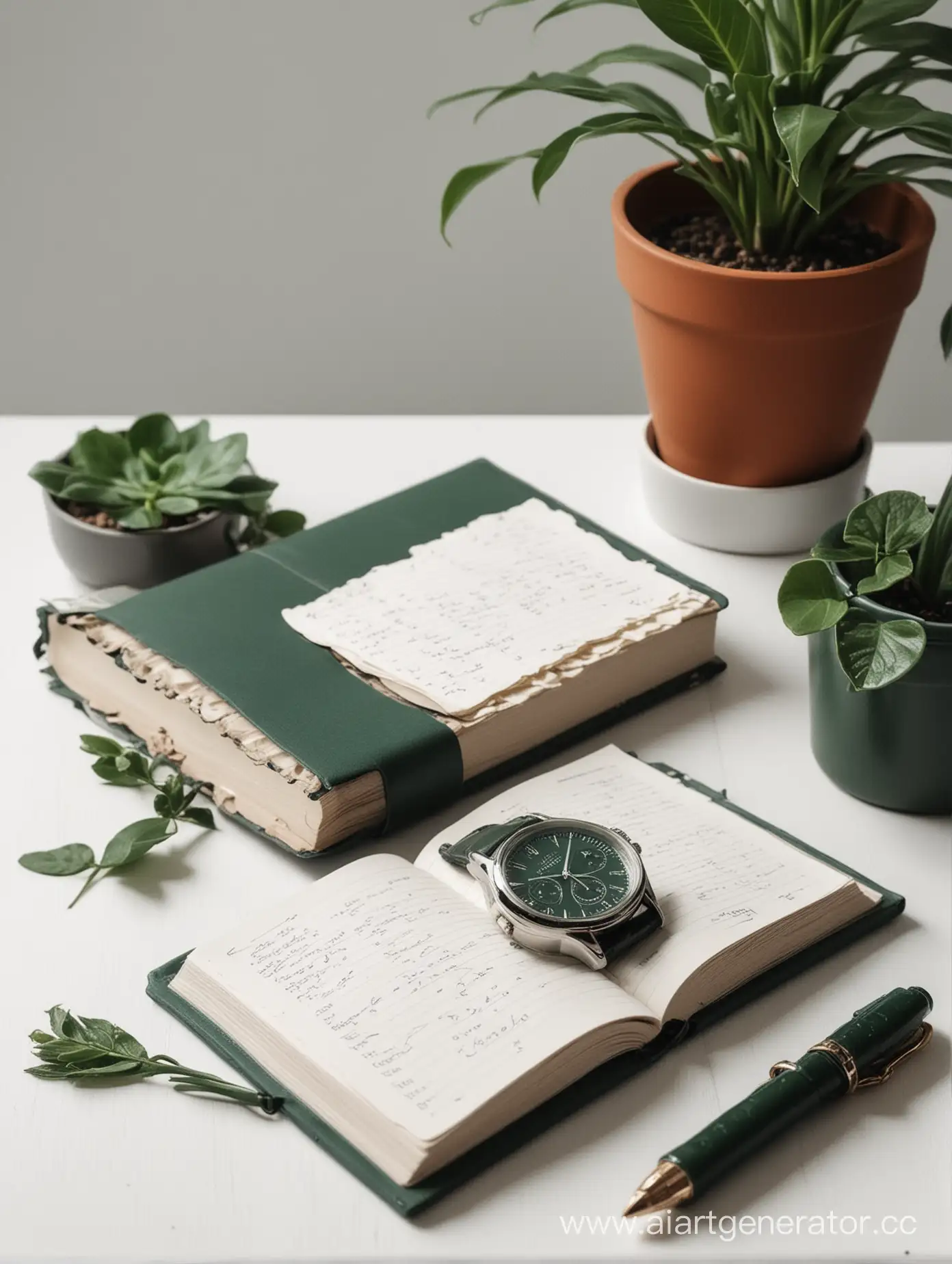 ежедневник с темно-зеленой обложокой, на белом столе, рядом лежат наручные часы, на заднем плане горшок с растением