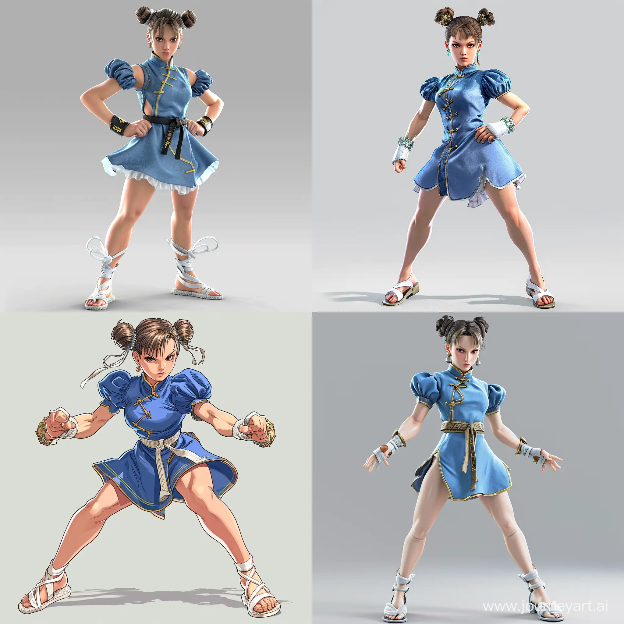 Chun-Li from street fighter she wears ((short blue qipao with short puffy sleeves)), ((white sandals)), wide shot, ((her hair has two buns)), (full body figure), dynamic pose