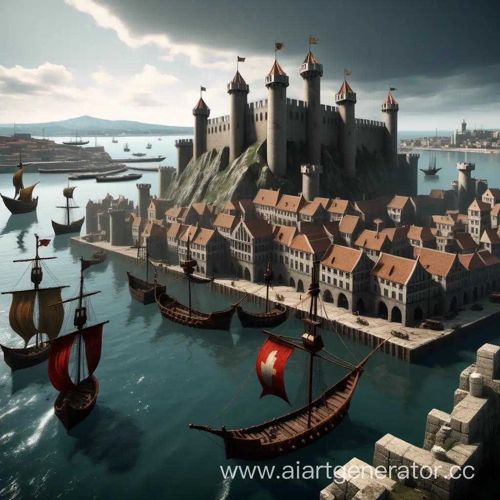 средневековый порт с укреплениями кораблями и городом позади