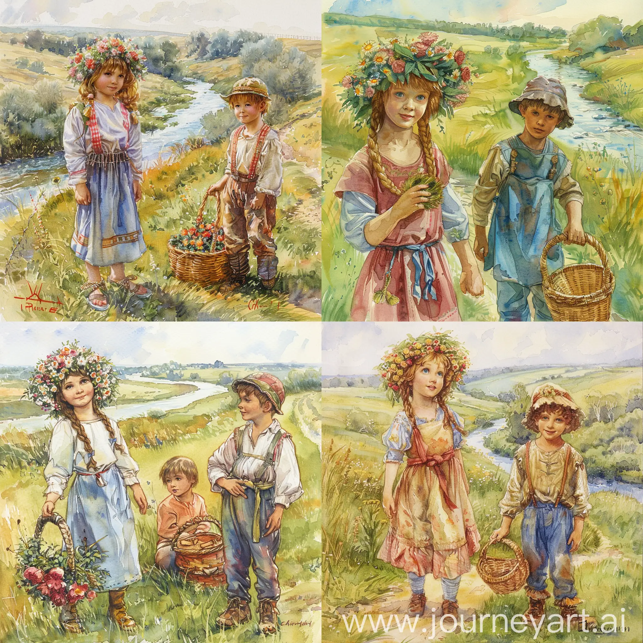 Children-in-Russian-Peasant-Attire-with-Flower-Wreath-on-Sunny-Meadow