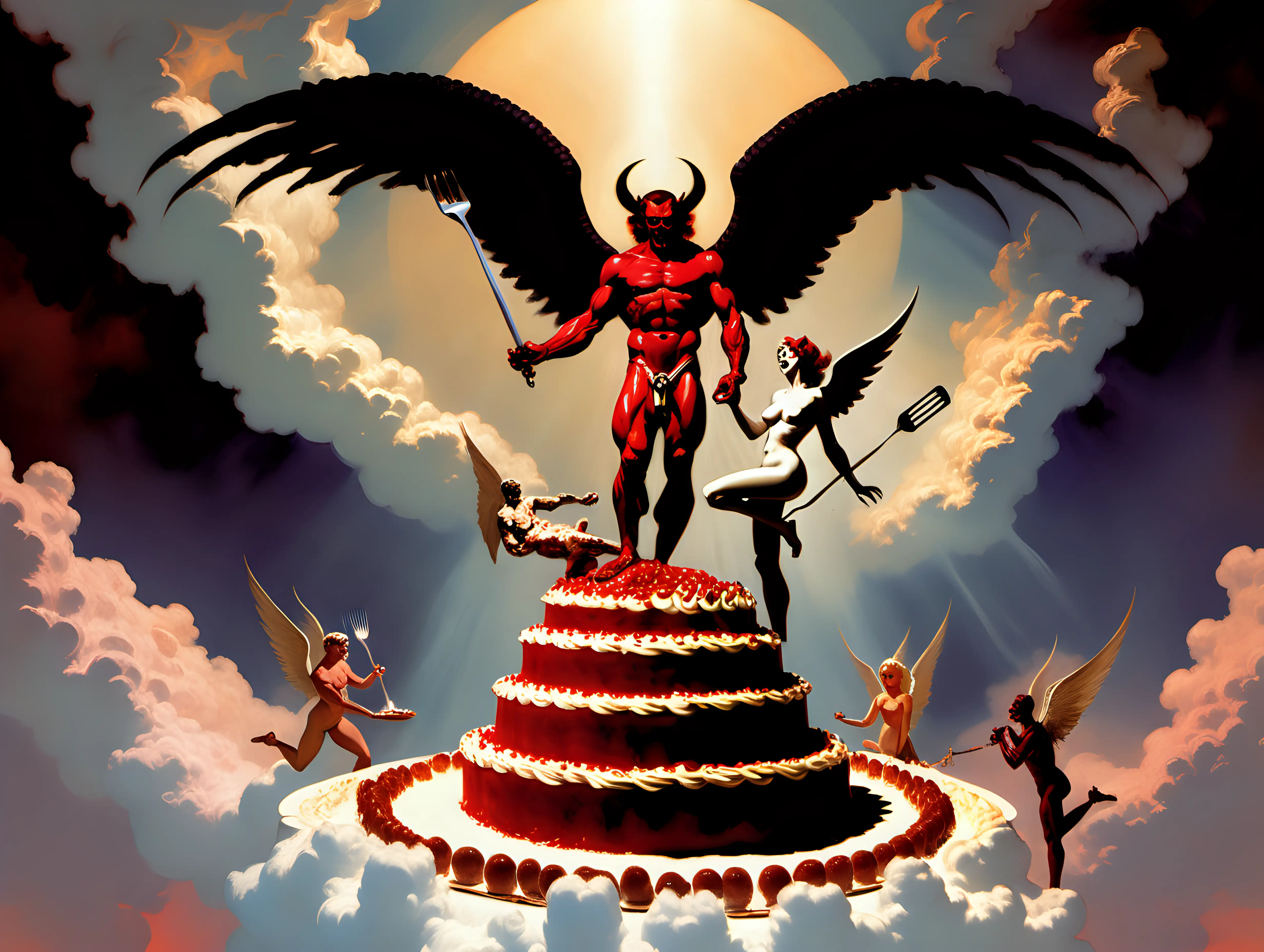 Heavenly BakeOff Satan vs Michael the Archangel in Epic Frank Frazetta Style
