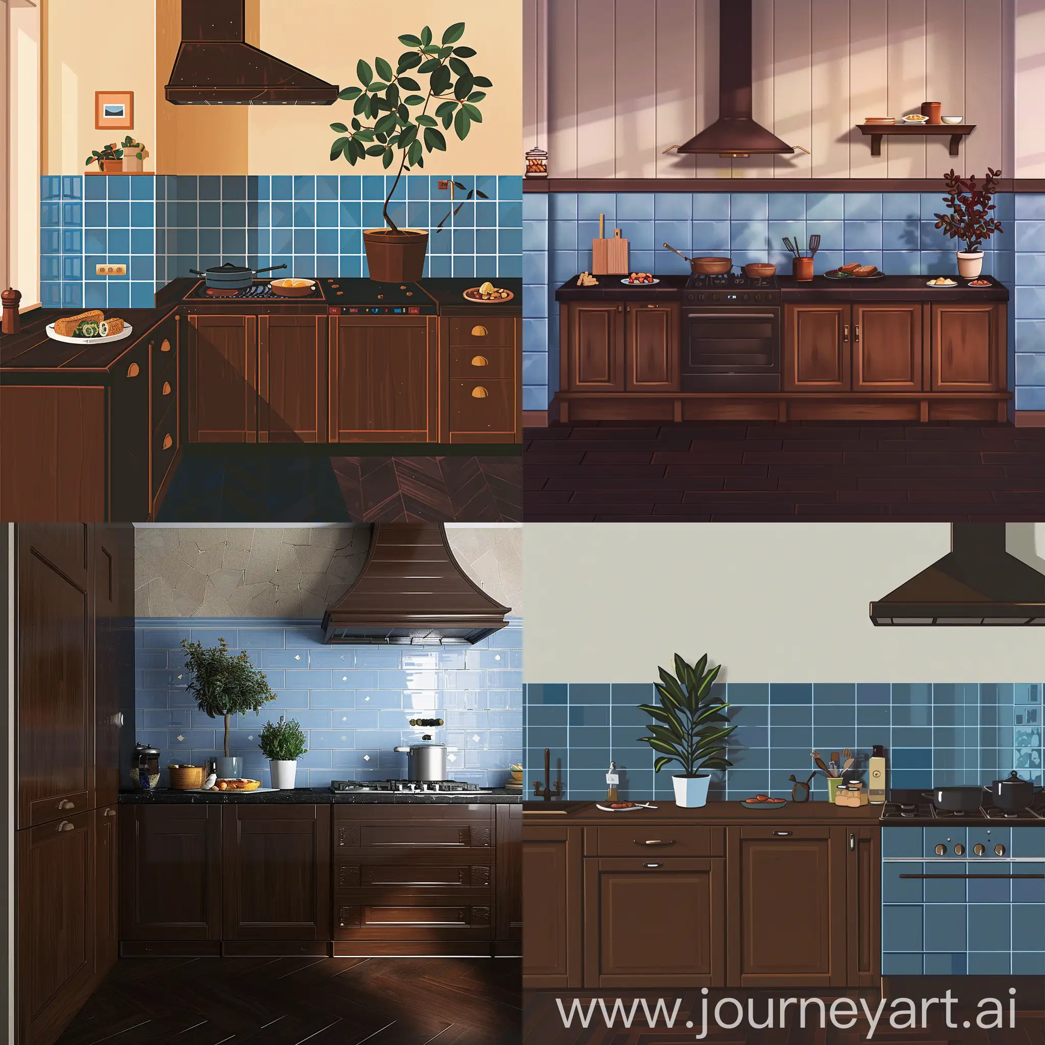 Scandinavian-Kitchen-Interior-with-Brown-Furniture-and-Blue-Tiles