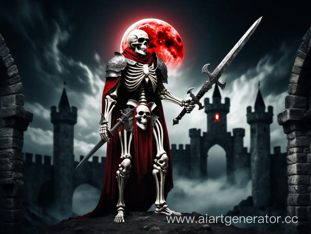 skeleton in armor, with sword and shield, in old medieval castle, red moon in the sky