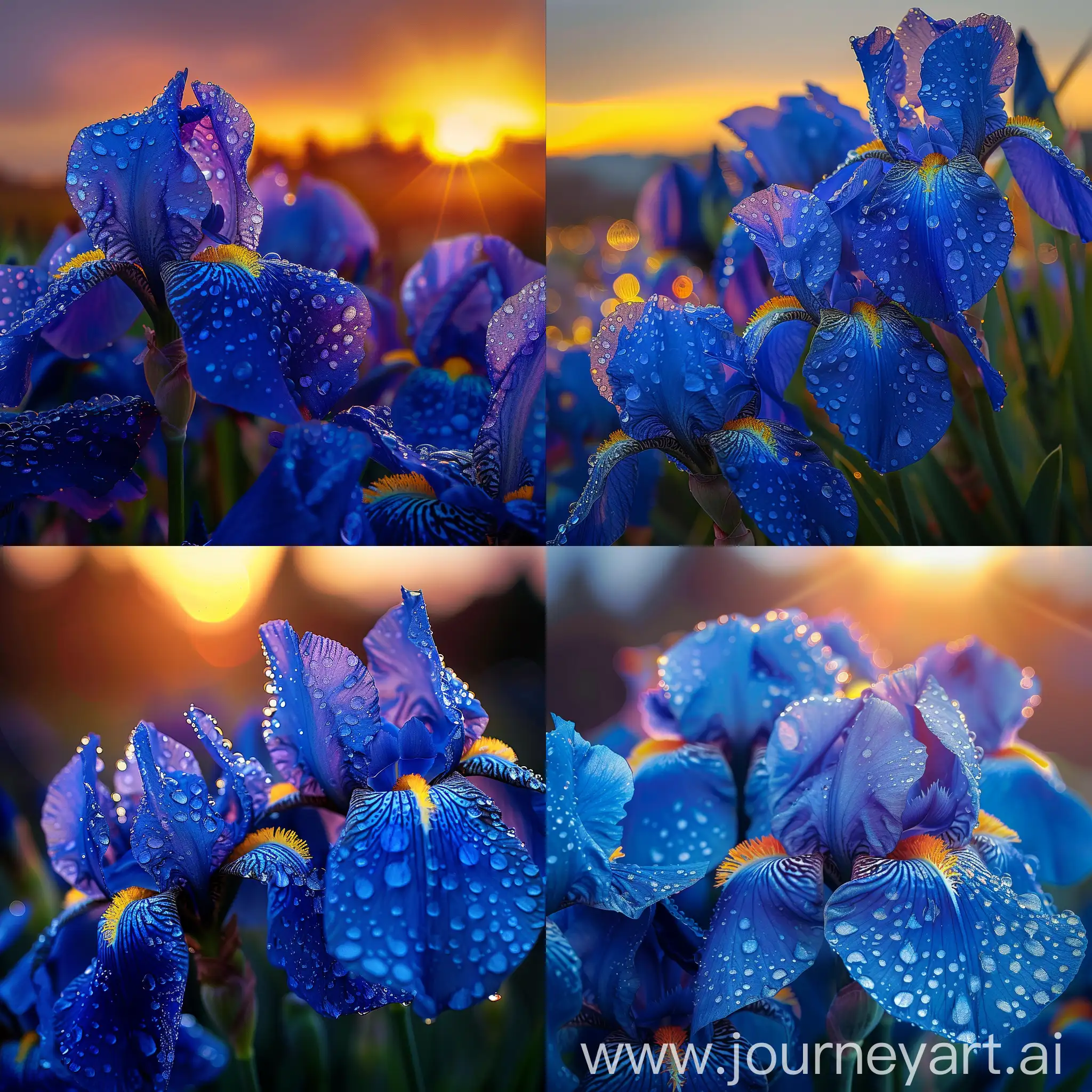 Fantasy-Sunrise-with-Blue-Irises-and-Dew-Drops