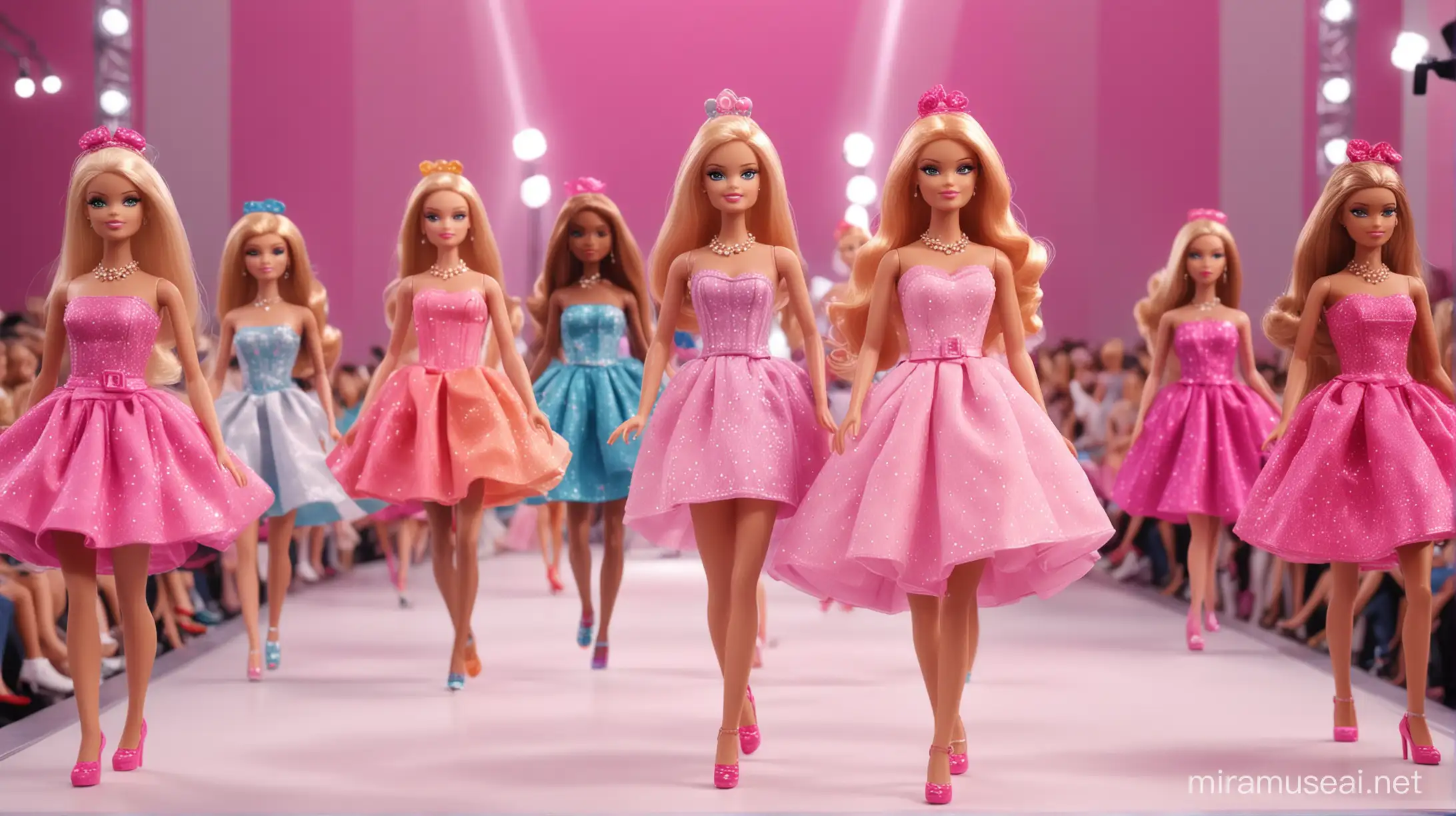 muñecas barbie desfilando en un desfile de modas por la pasarela con los peores vestidos, muy alta calidad, animacion estilo roblox