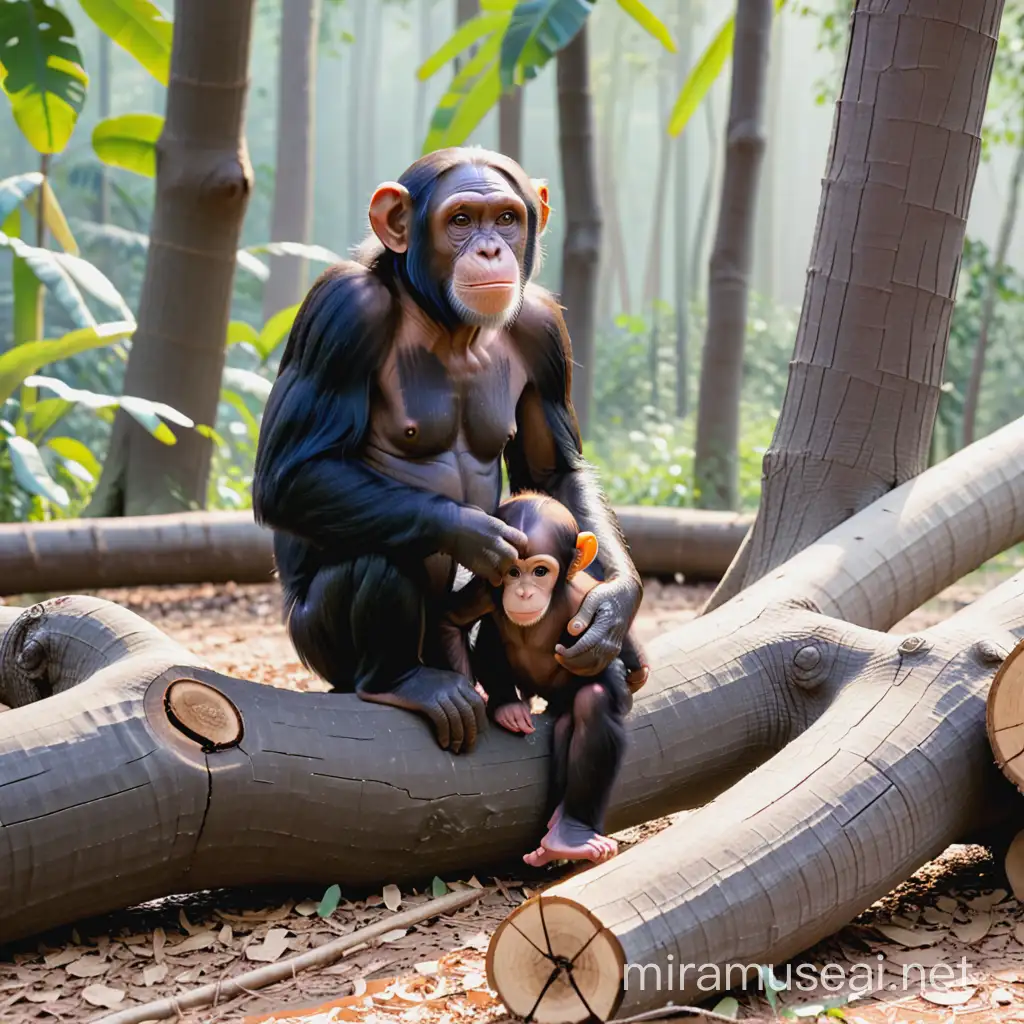 chimpanze avec bebe  devant tronc d'arbres abbatus 