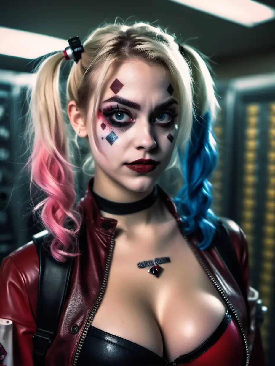 Beautiful Nordic woman, very attractive face, detailed eyes, big breasts, dark eye shadow, messy blonde hair, wearing a Suicide Squad Harley Quinn cosplay costume, close up, bokeh background, soft light on face, rim lighting, facing away from camera, looking back over her shoulder, standing in a bank vault, photorealistic, very high detail, extra wide photo, full body photo, aerial photo