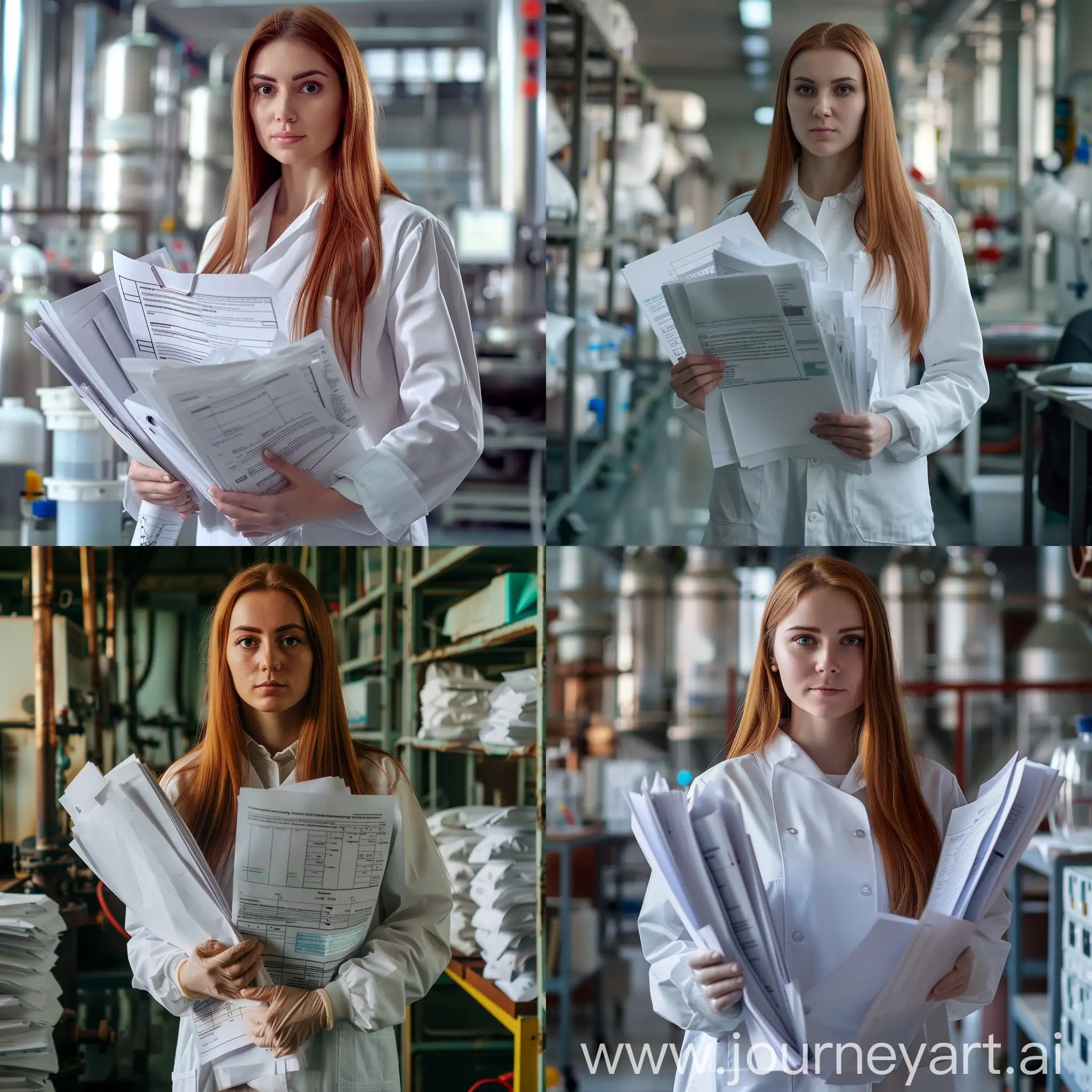 A chemical industrial inside a lab  and a women in front and she is holding  a lot of documents. This women is tall with straight  long chestnut hair. She is using  a labor white tunic and safety boots