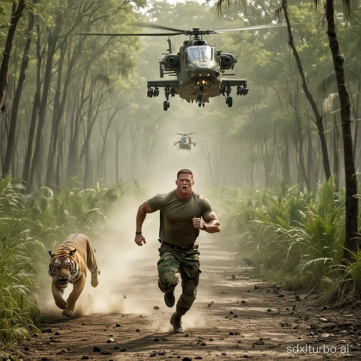 John cena running in the woods with tiger chasing and he is running into the swamp that has an alligator waiting for him, also there is an Attack helicopter in the sky