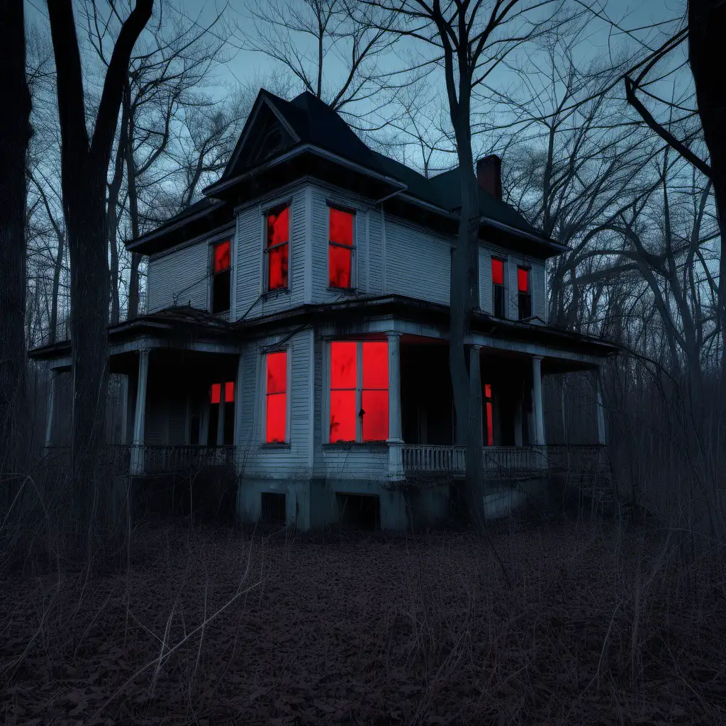 A long-abandoned colonial-era two-story bungalow, in a mysterious forest, at dusk.  There was a pair of red eyes watching from the dark window.