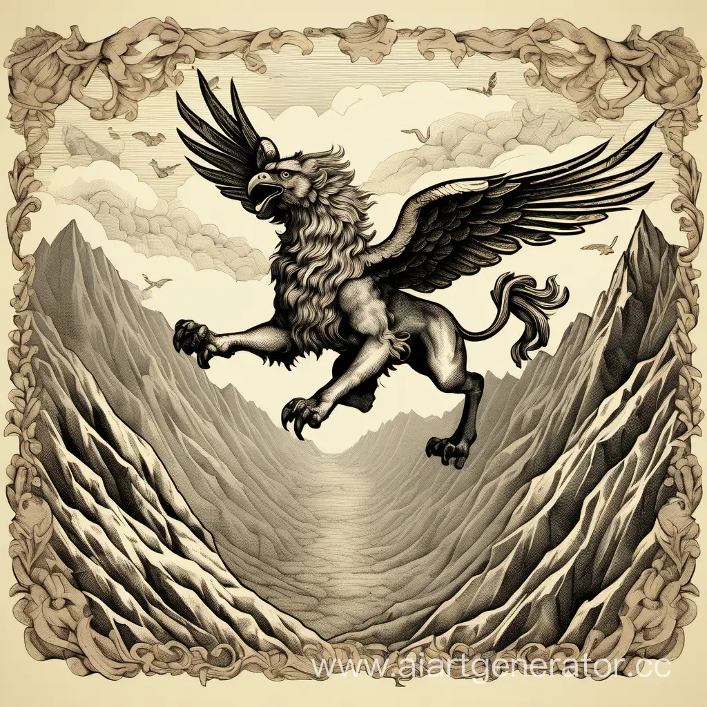 Engraving style, wild griffin, fling over mountains