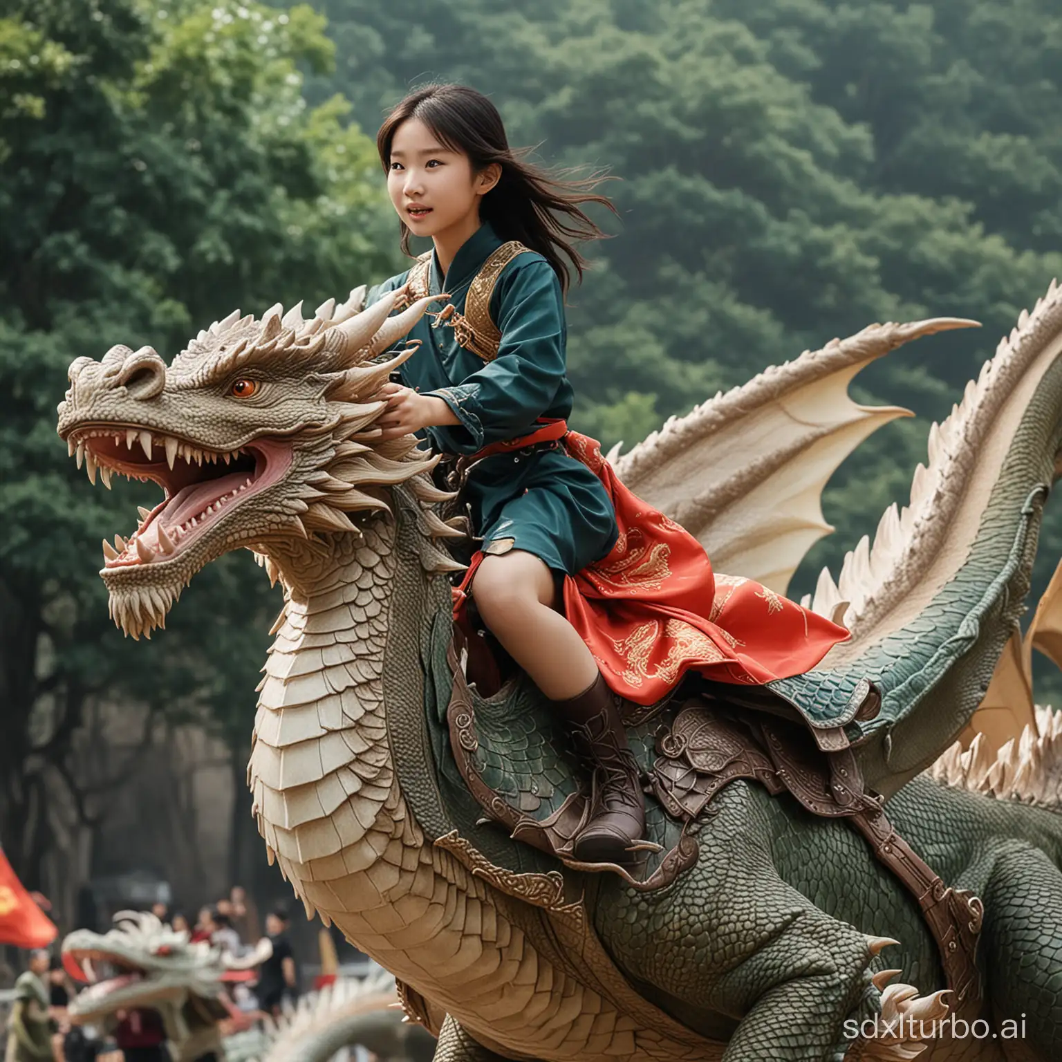 A Chinese girl wearing JK rides on a dragon.