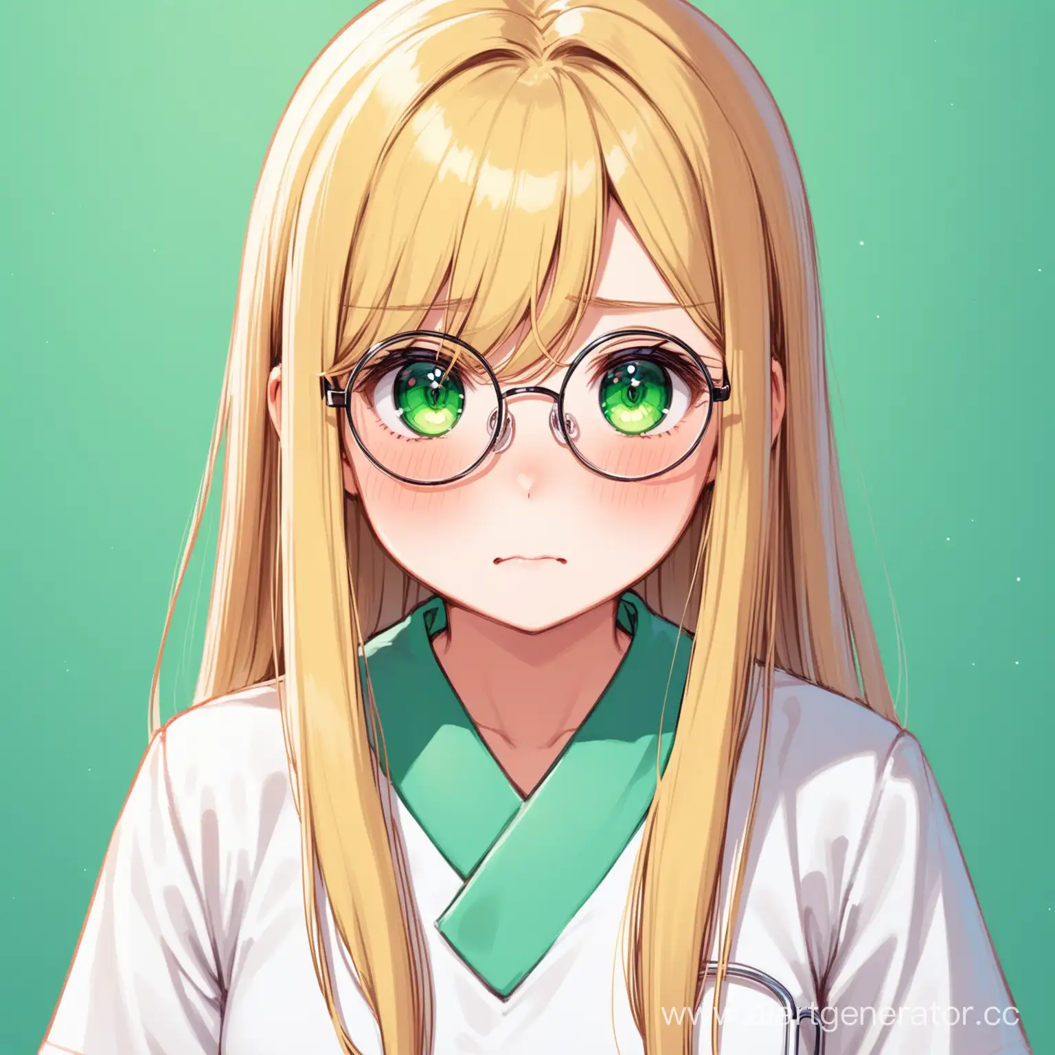 A girl, long straight blonde hair and big green eyes, She is wearing a medical dress and round glasses, She looks cute and embarrassed.

