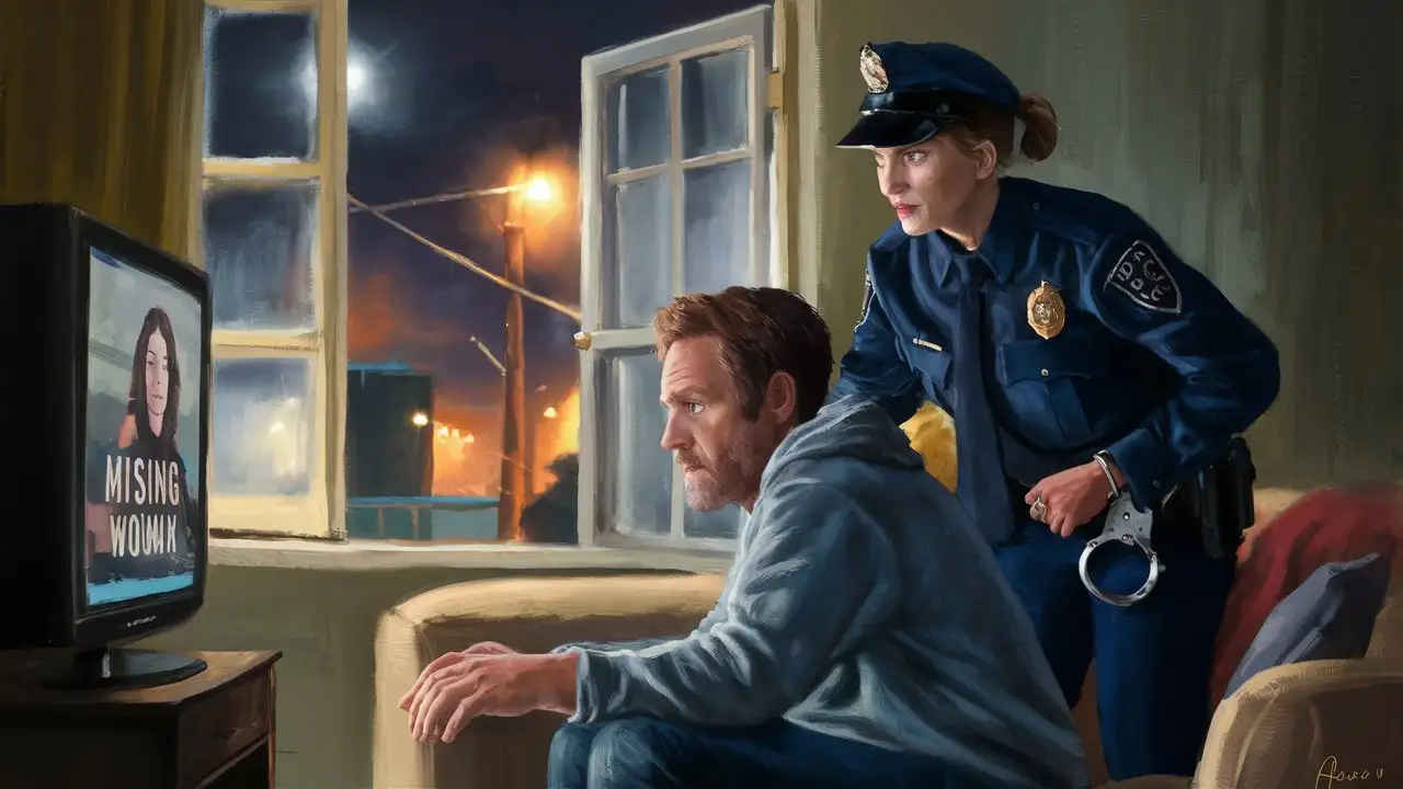 In the living room, a man sits on a couch and watches a TV show about a missing woman. Meanwhile, behind him, his wife, a police officer in a full American police uniform, stands with a pensive expression, holding handcuffs that are clearly visible on the outside. In the background, you can see an open window through which the light of street lamps shines, adding a tension scene.