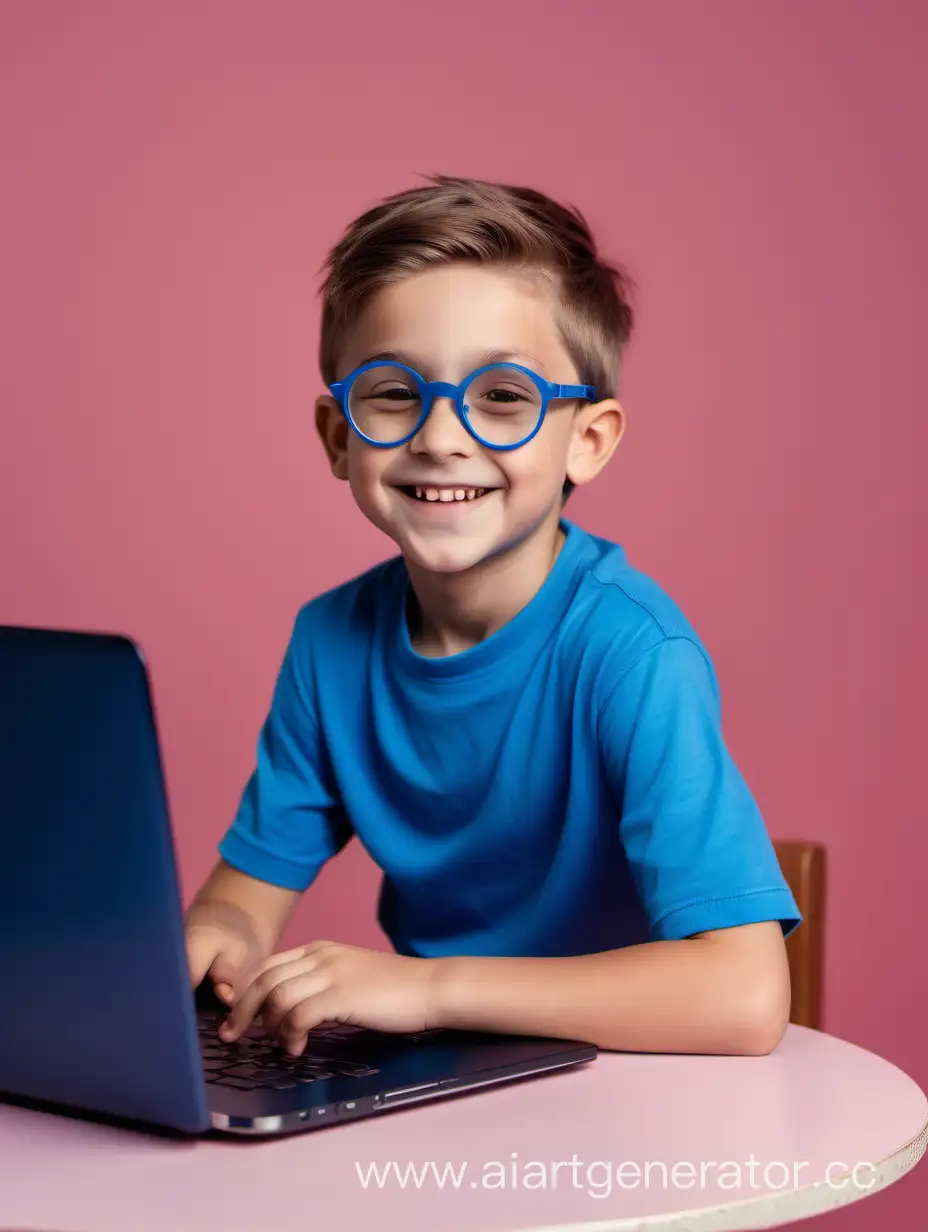 милый мальчик 7 лет в смешных синих круглых очках улыбается сидит за ноутбуком на столе, розовый фон