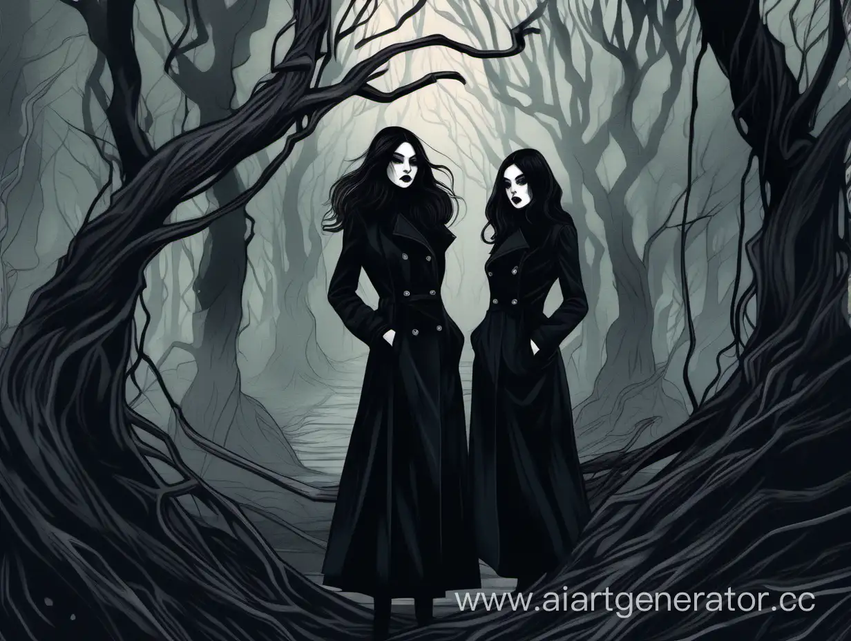 DarkHaired-Beauties-in-Black-Coats-Amidst-Enchanted-Forest