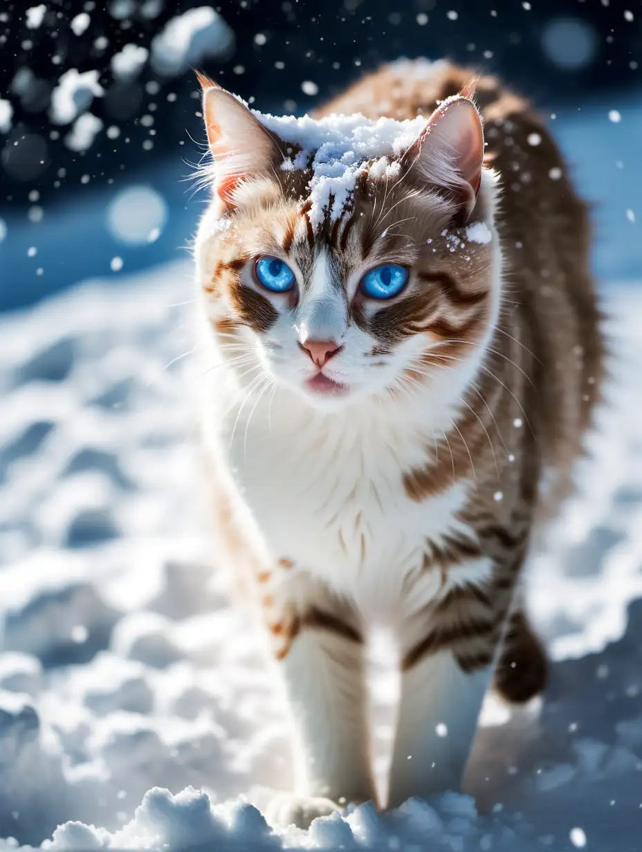 a cat under the snow with blue eyes, covered by snow, cinematic style, medium shot, professional photo, animal